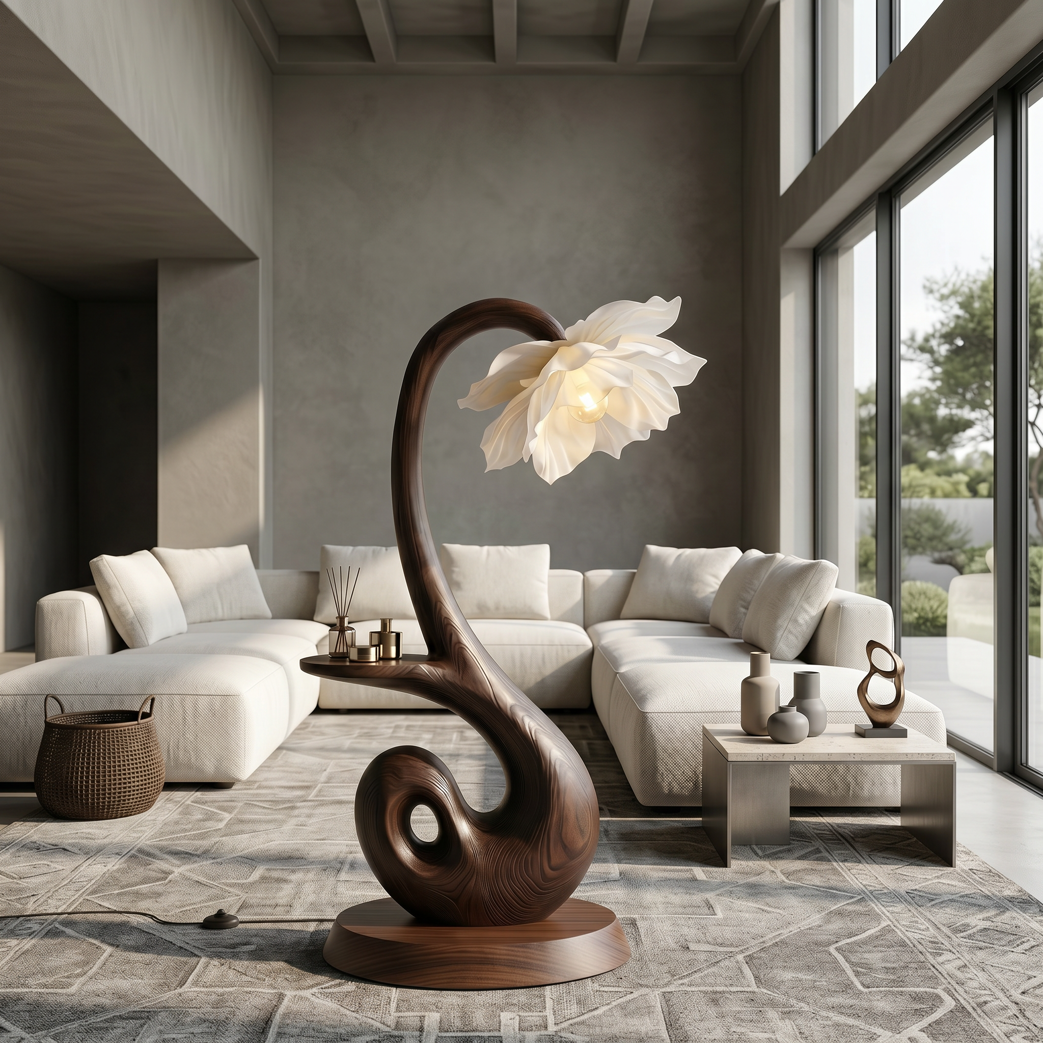 Nature Inspired Floor Lamp With Blooming Flower Shade And Display Shelf For Reading Nook