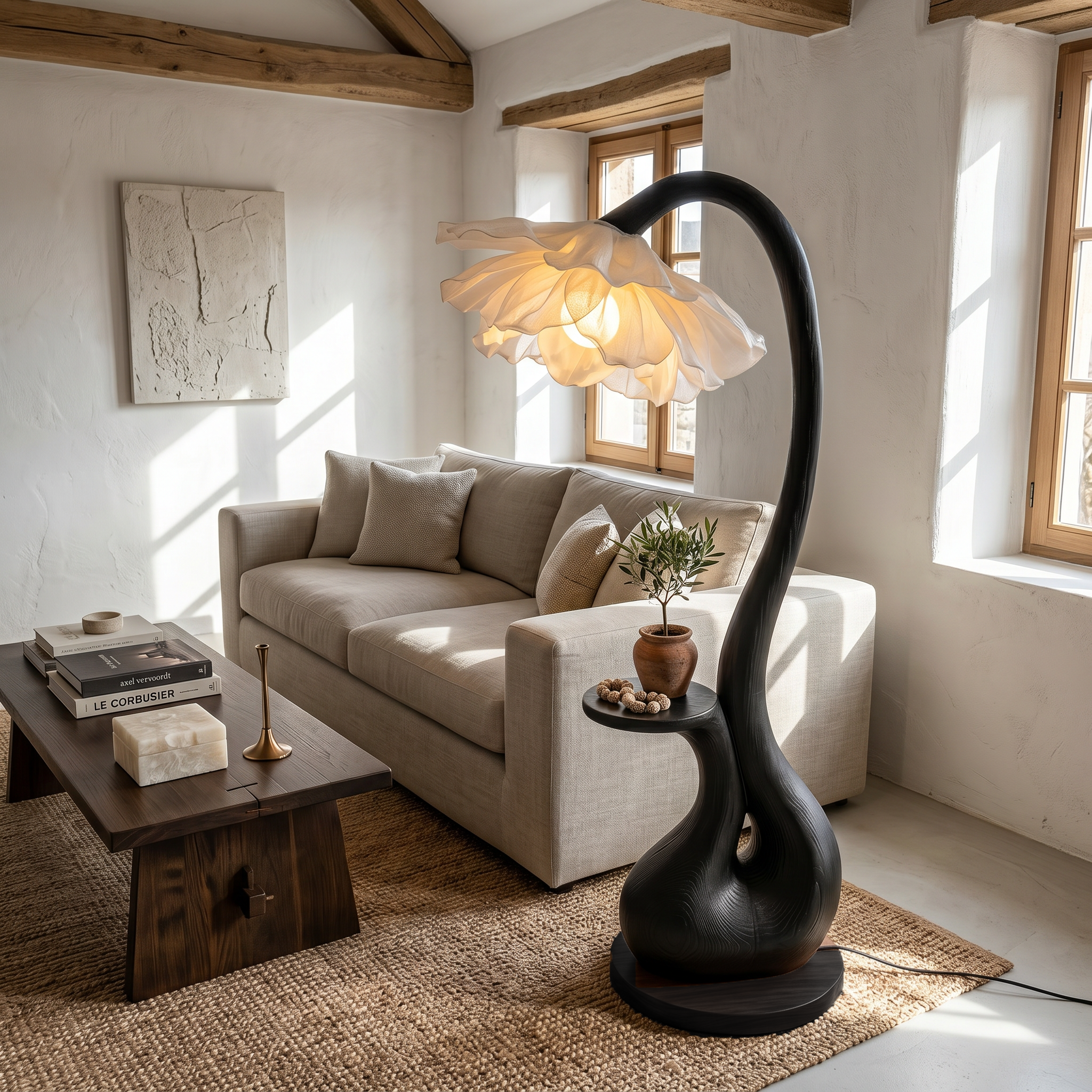 Modern Floor Lamp With Sculptural Curved Base And Display Shelf For Living Room