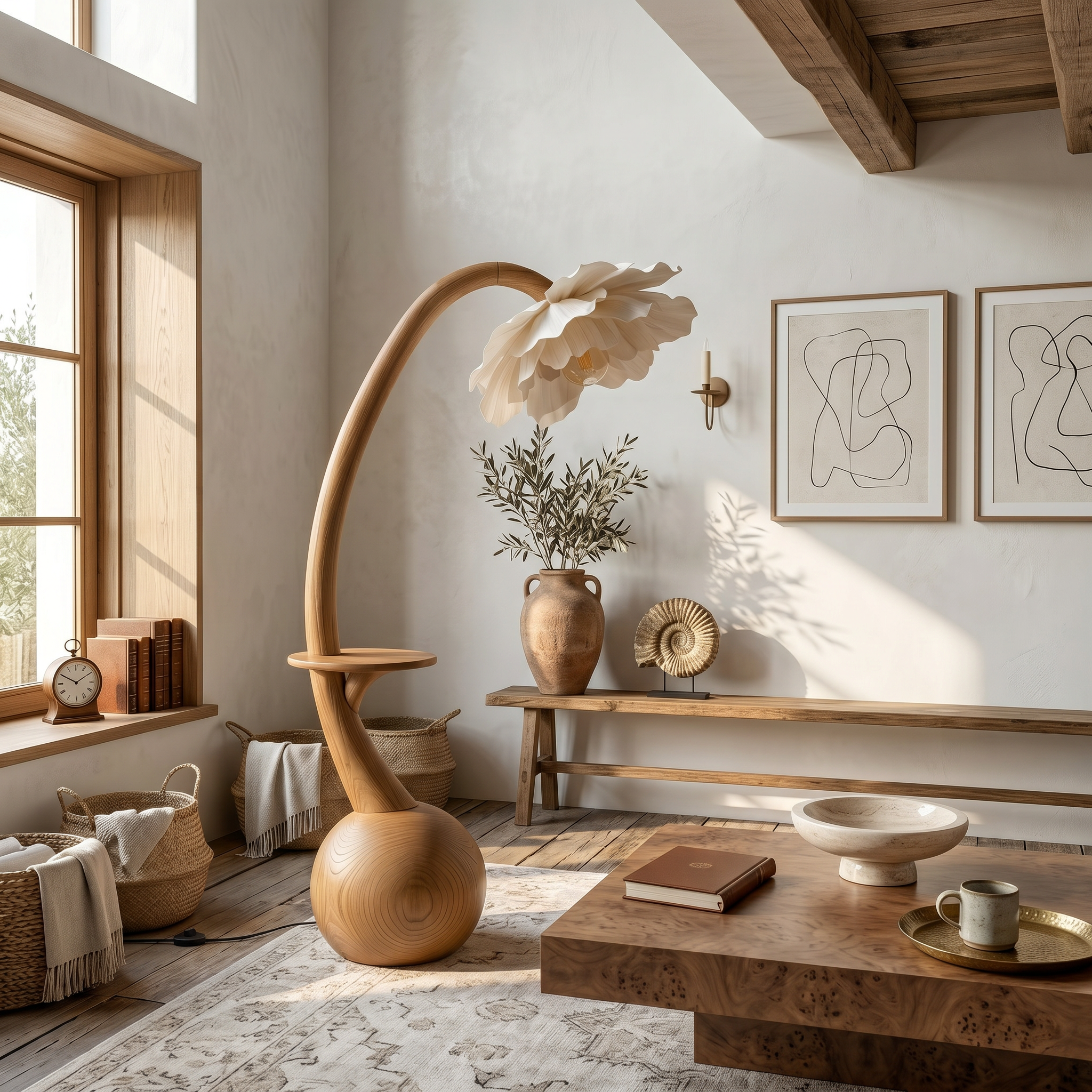 Sculptural Floor Lamp With Built In Shelf And Floral Shade For Living Room