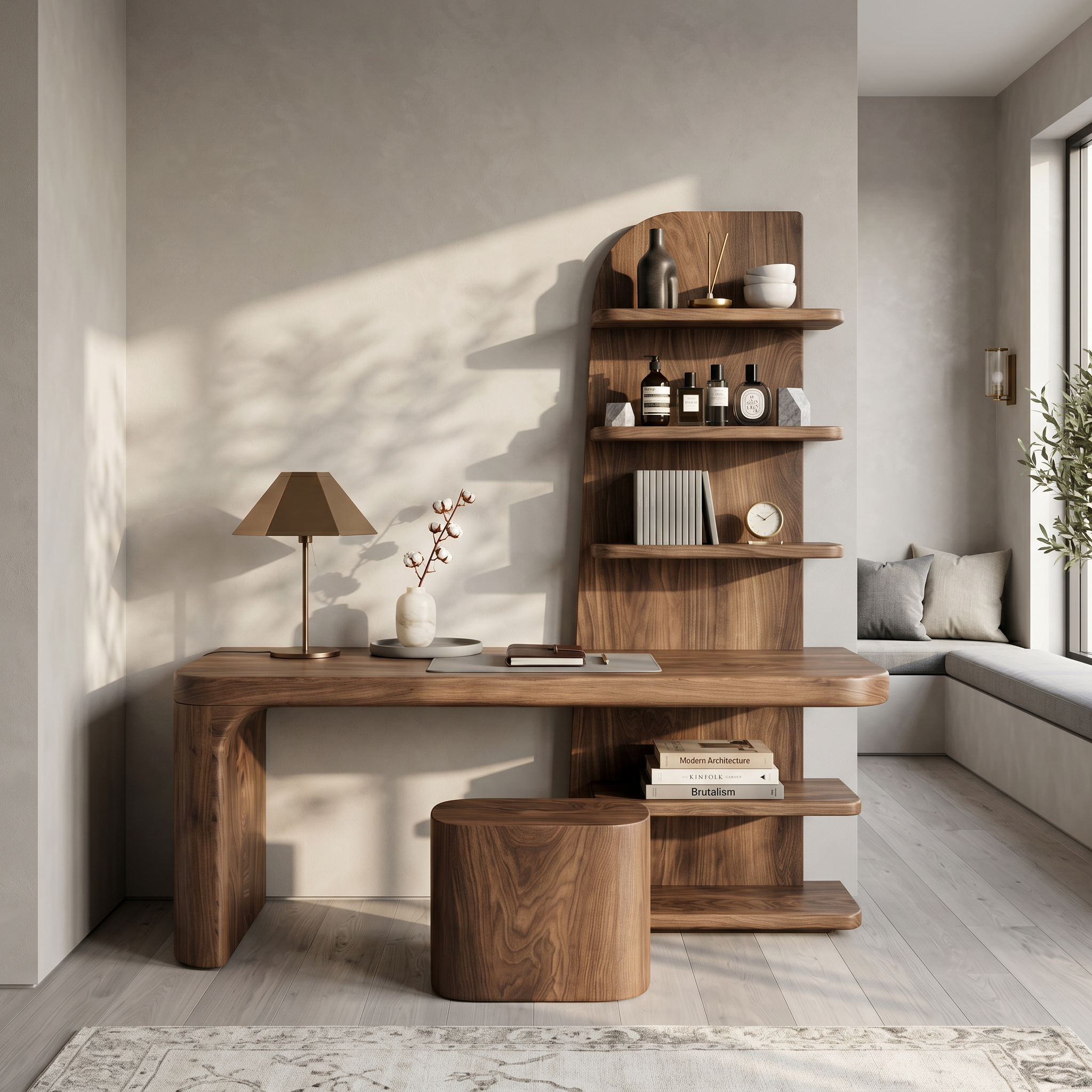 Minimal Desk With Built In Bookcase And Drawers For Study Room