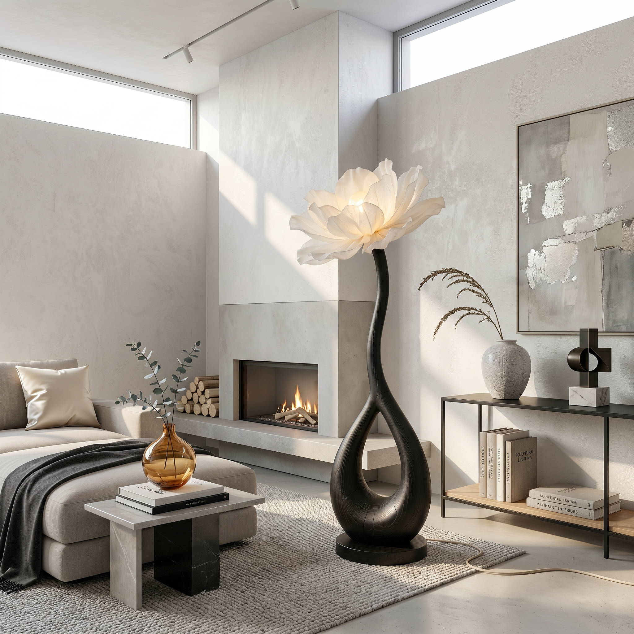 Handcrafted Floor Lamp With Blooming Flower Sculpture For Living Room