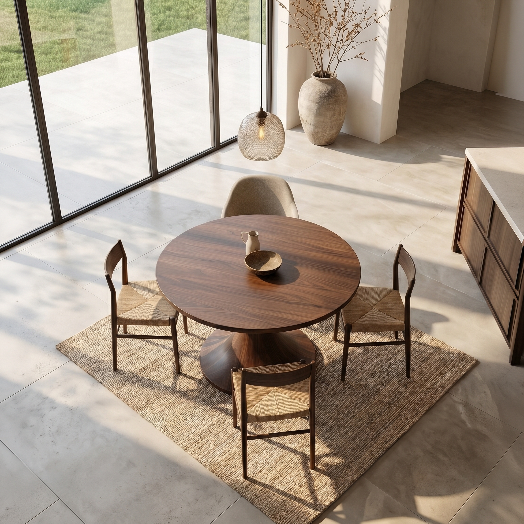 Contemporary Dining Table With Handcrafted Solid Wood Pedestal For Kitchen