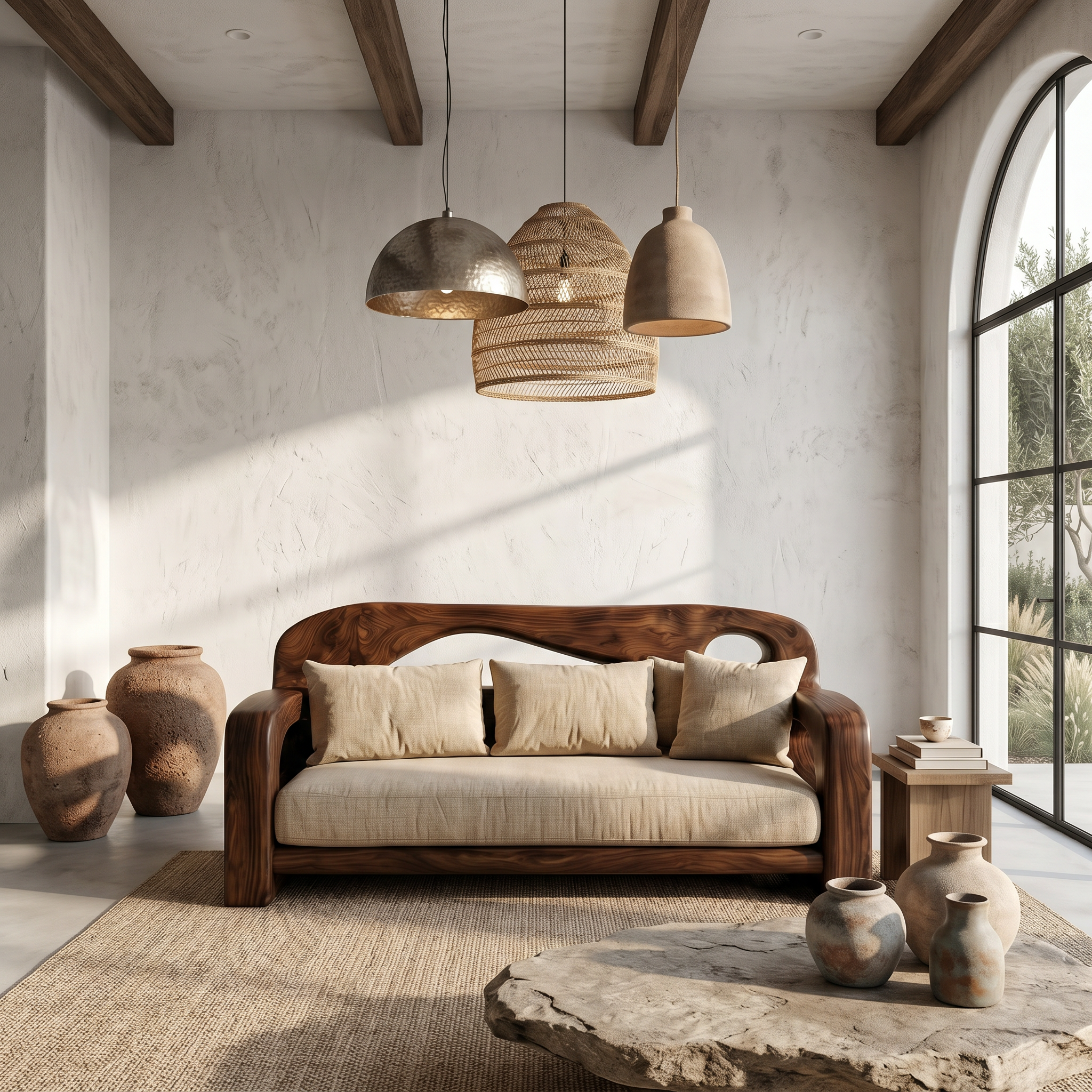 Modern Sofa Frame With Sculptural Solid Wood Armrests For Living Room
