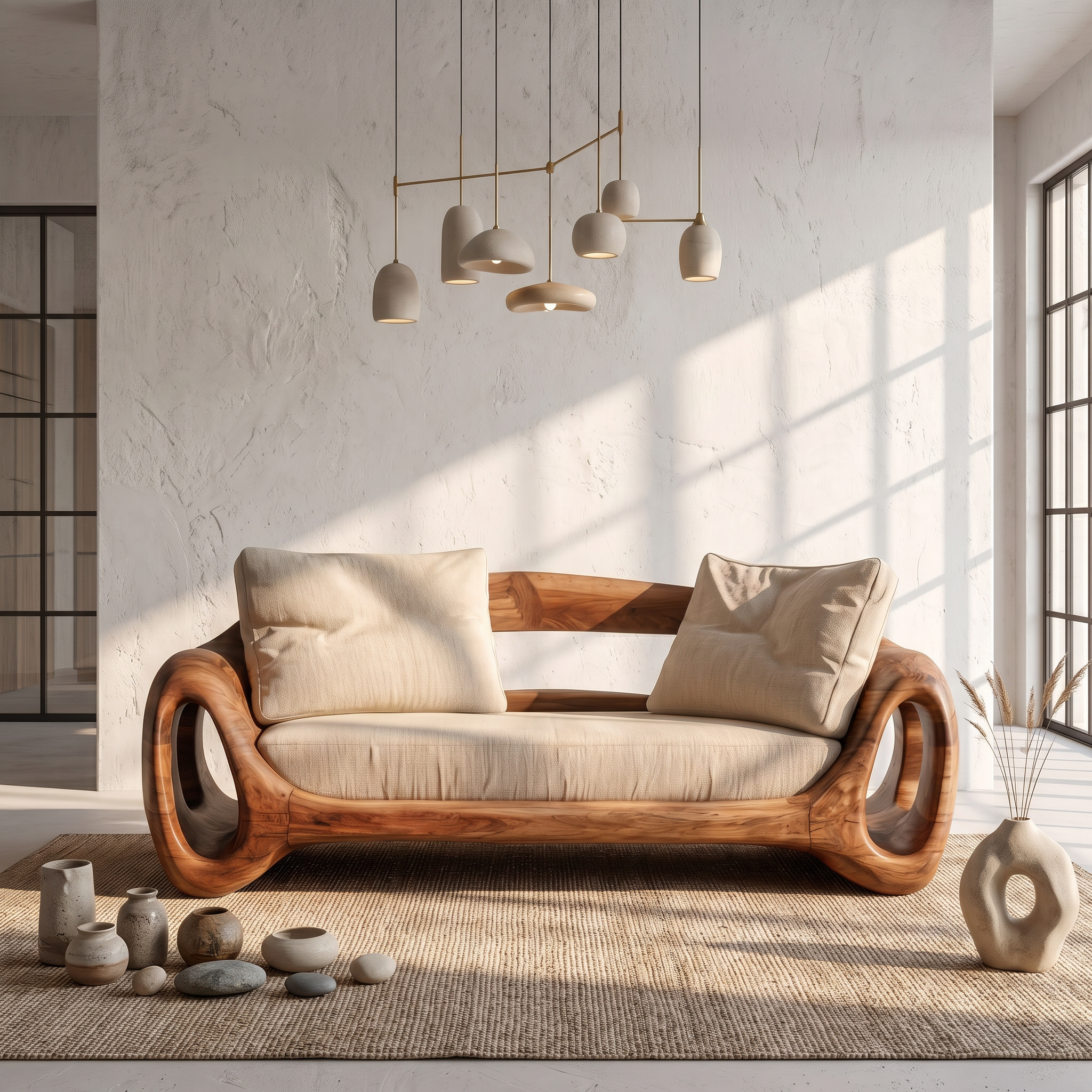 Organic Sofa Frame With Sculptural Circular Armrests For Living Room