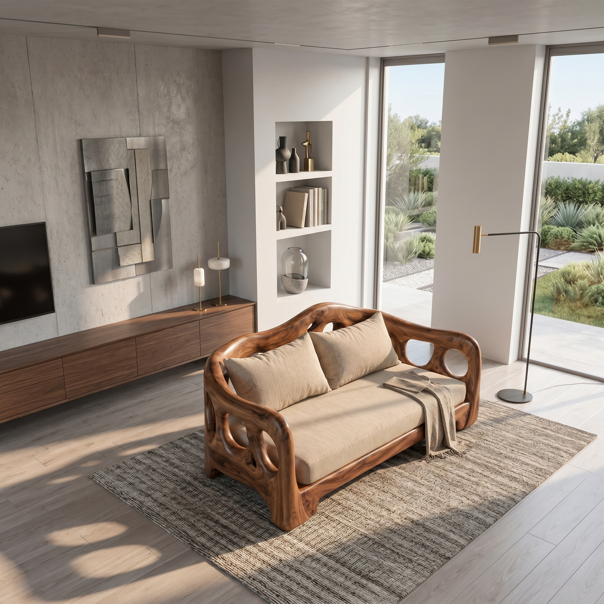 Modern Sofa With Sculptural Solid Wood For Living Room