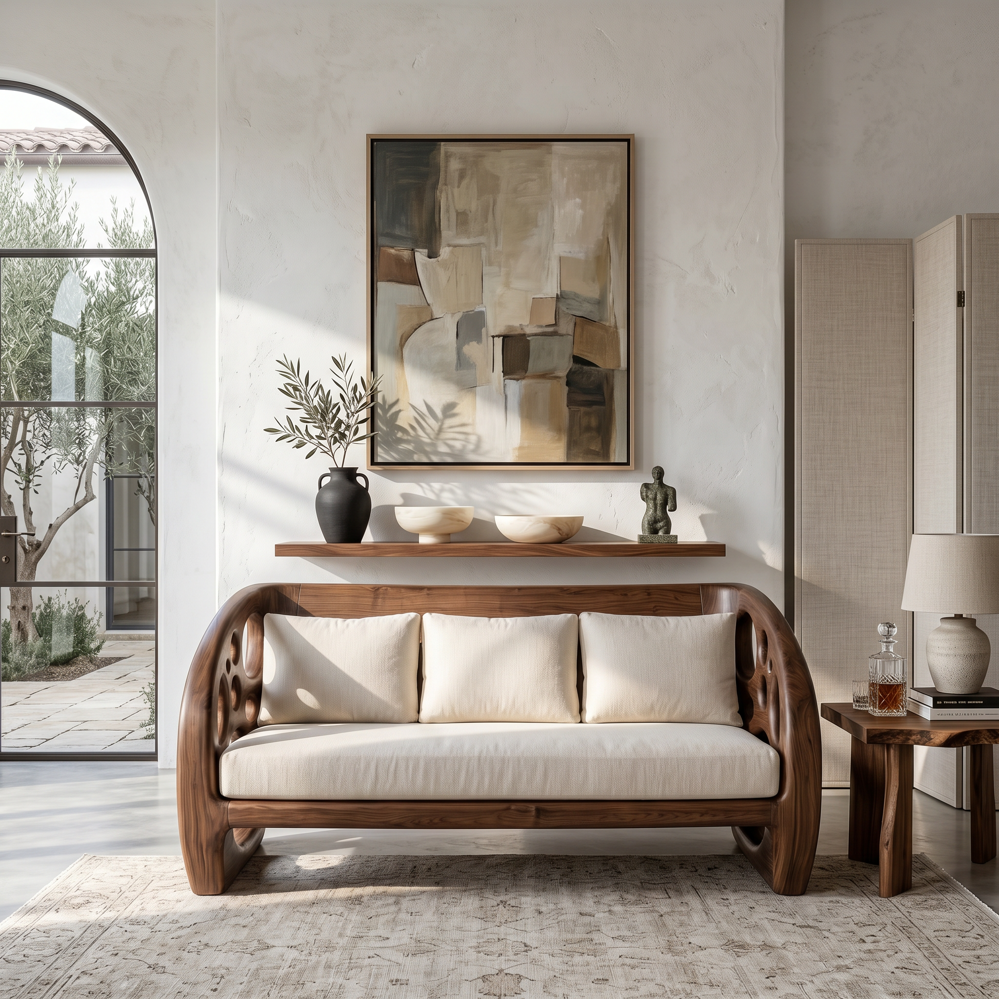 Modern Organic Sofa With Sculptural Perforated Wood Frame