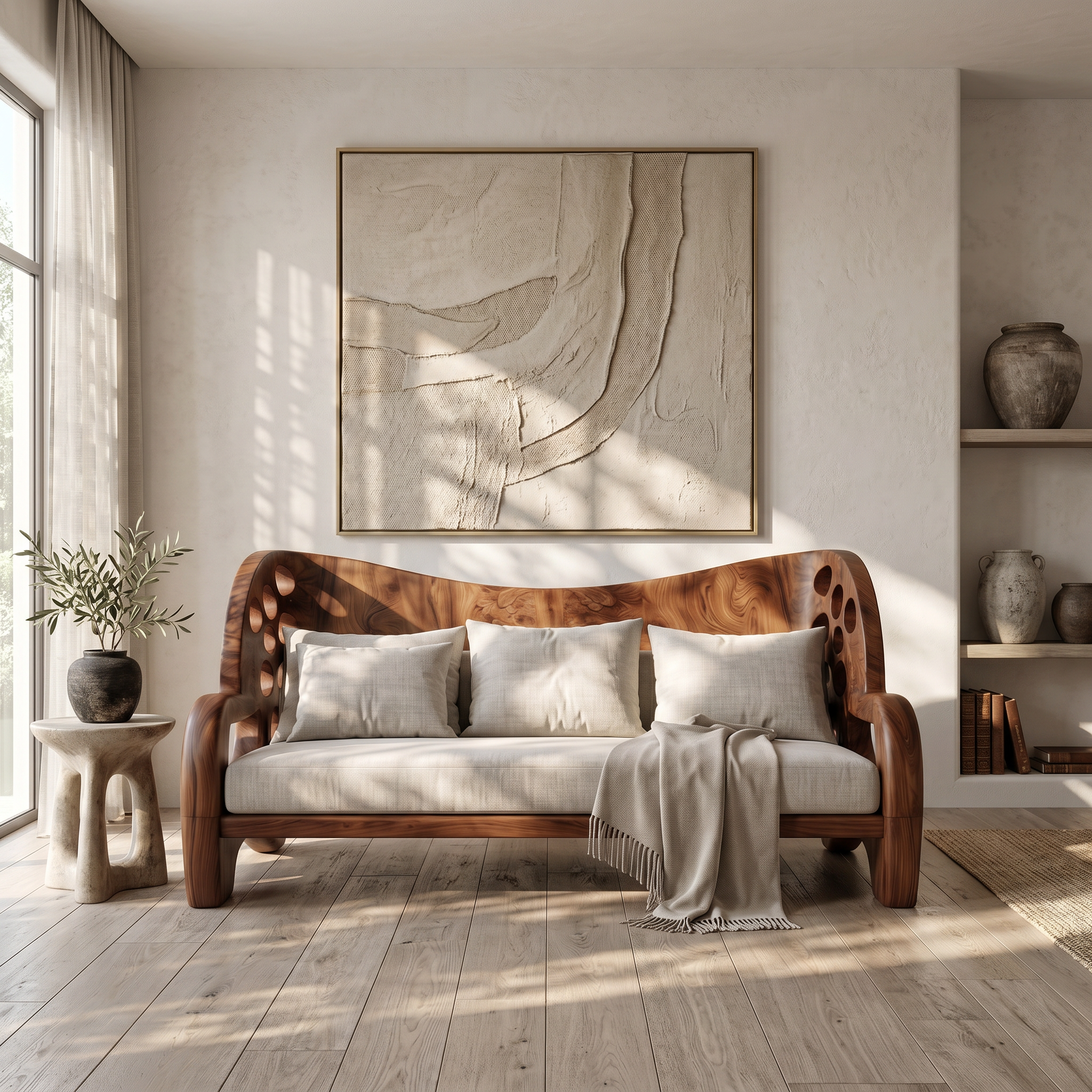 Organic Sofa Frame With Sculptural Openwork Armrests For Living Room