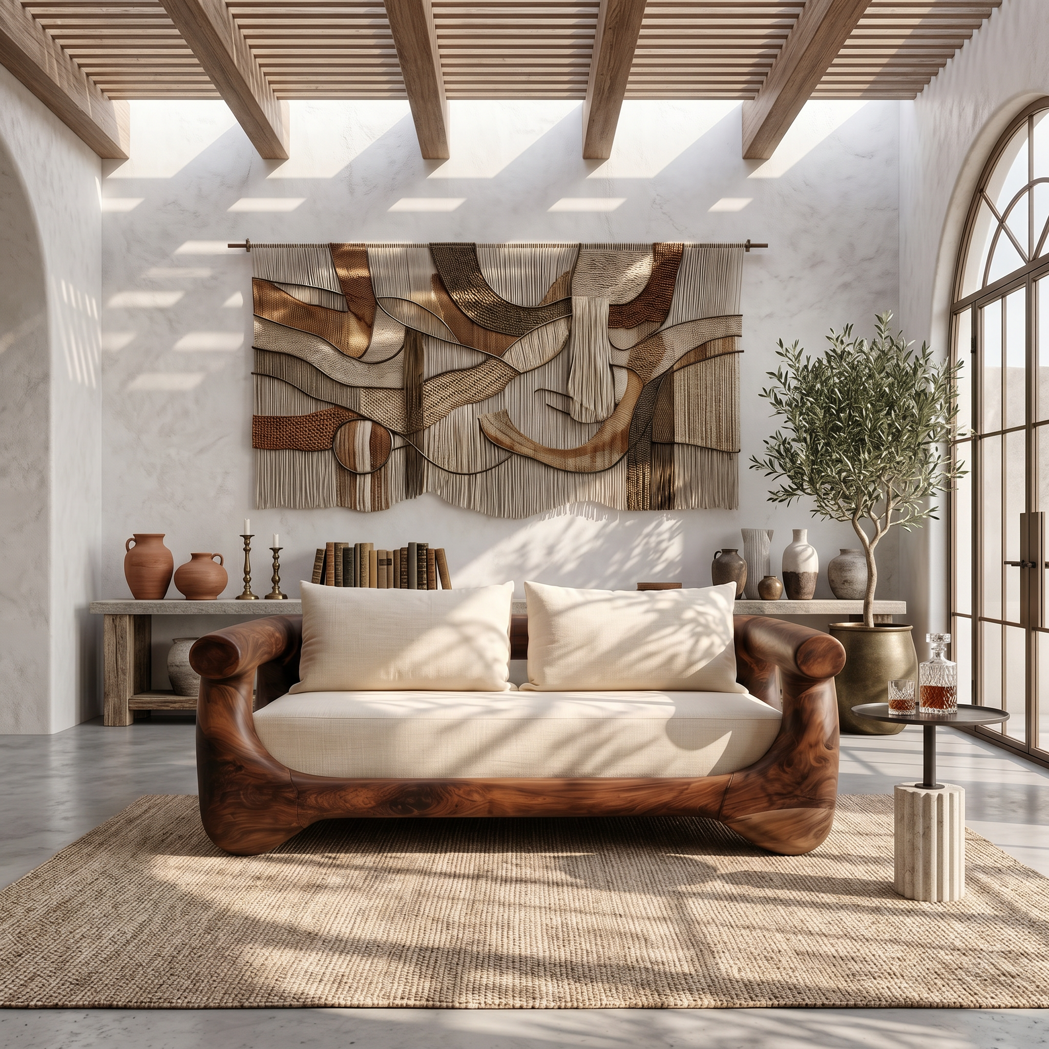 Modern Sofa With Sculptural Perforated Wood Frame For Living Room