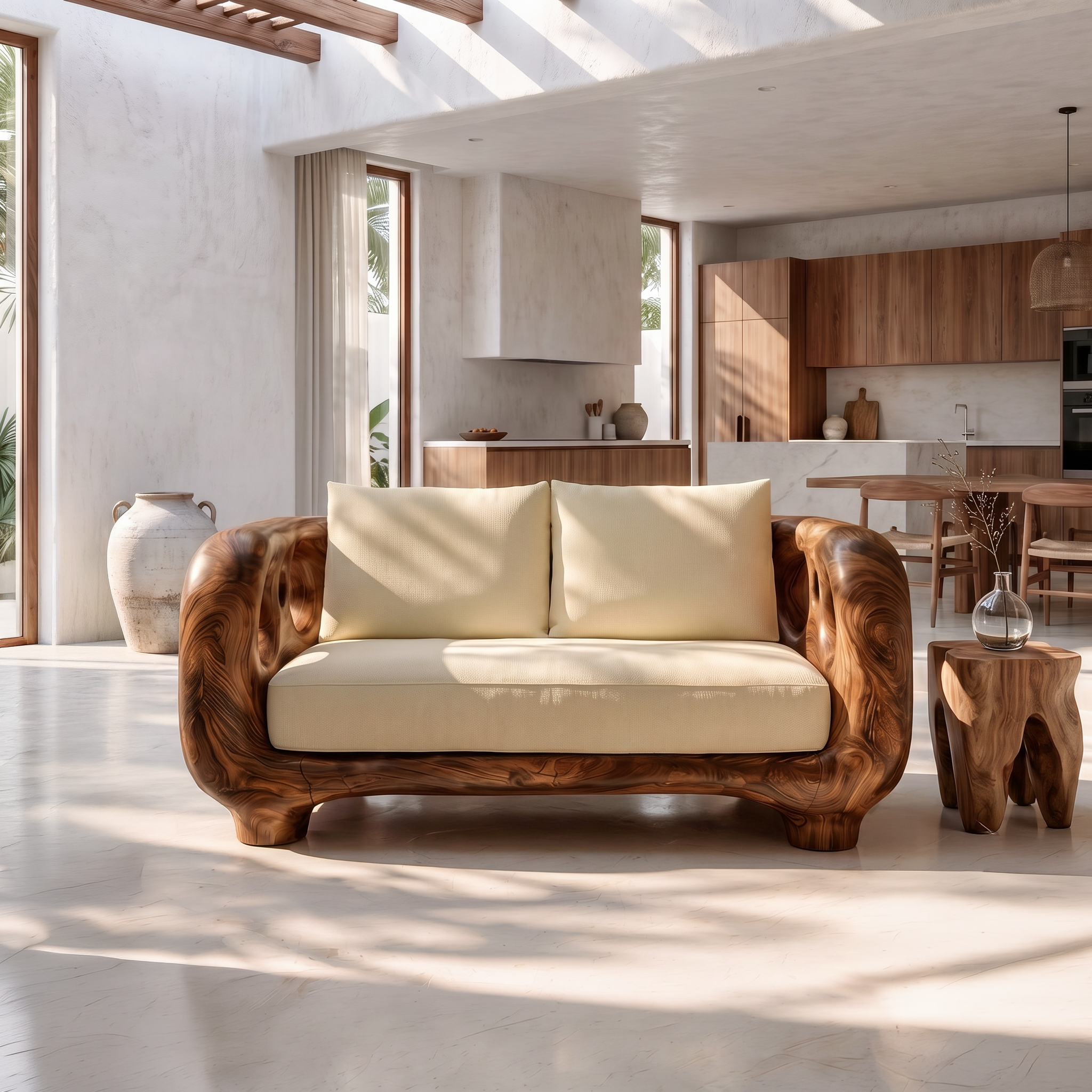 Modern Accent Sofa Frame With Rounded Wooden Arms For Living Room