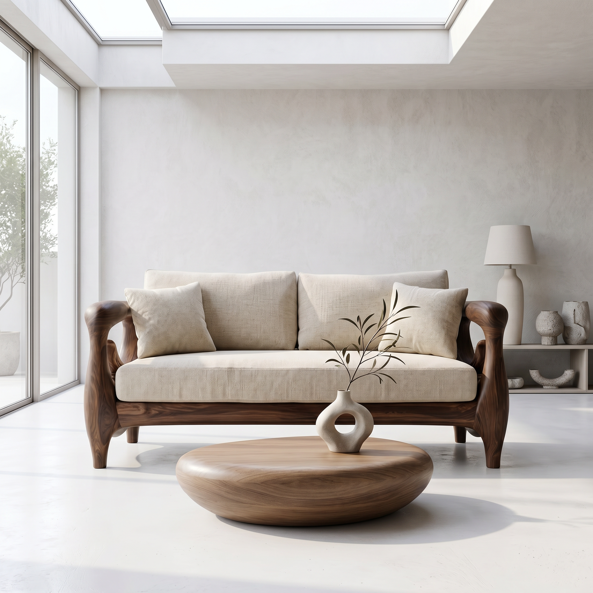 Nature Inspired Sofa Frame With Handcrafted Wheel Armrests For Living Room