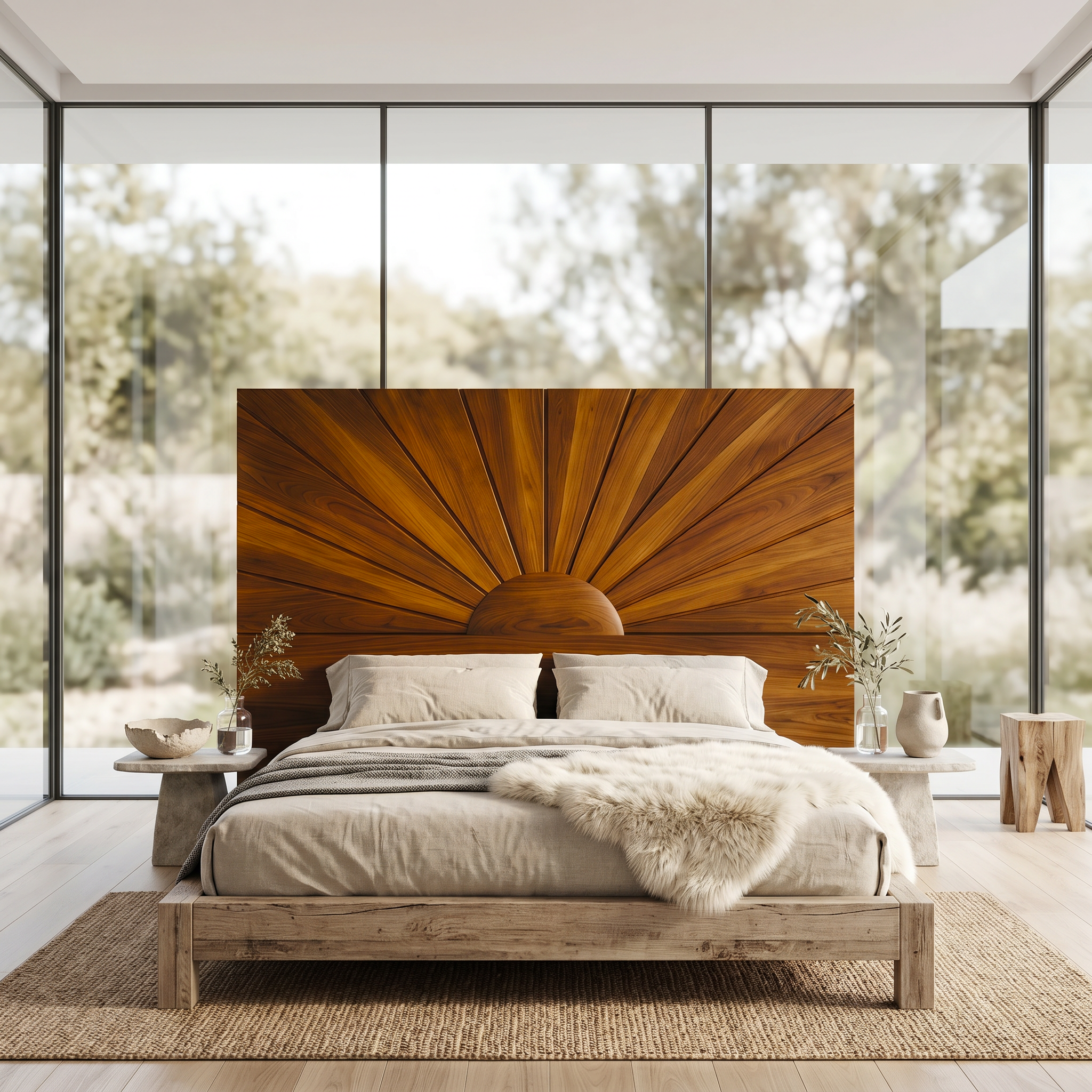 Organic Sunburst Headboard Solid Wood Bed Headboard For Bedroom