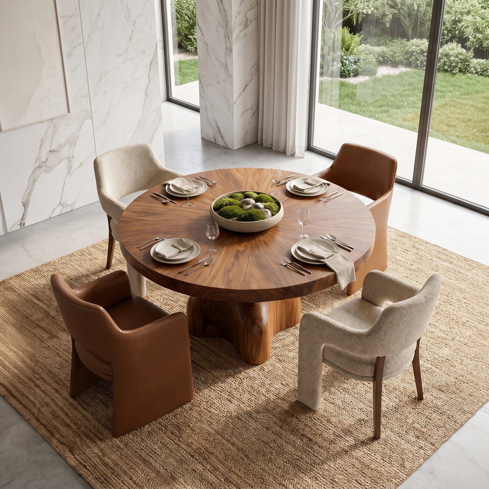 Contemporary Round Dining Table With Sculptural Solid Wood Pedestal For Dining Room