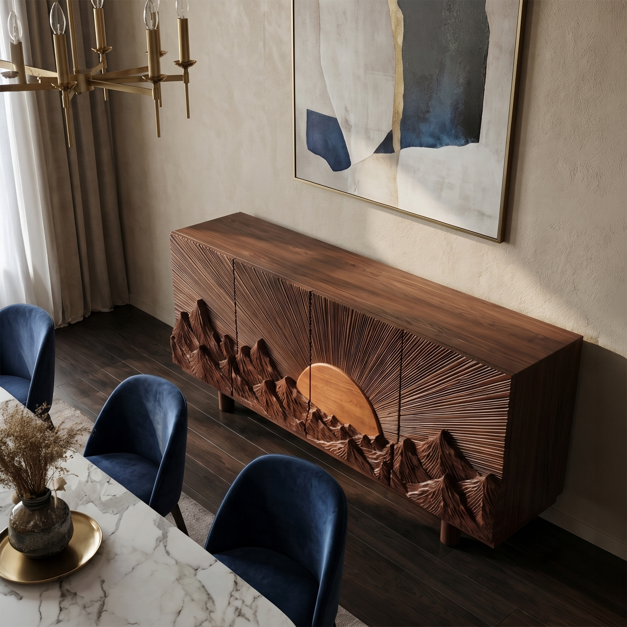 Rustic Mountain Sunrise Sideboard With Carved Wood Doors For Living Room