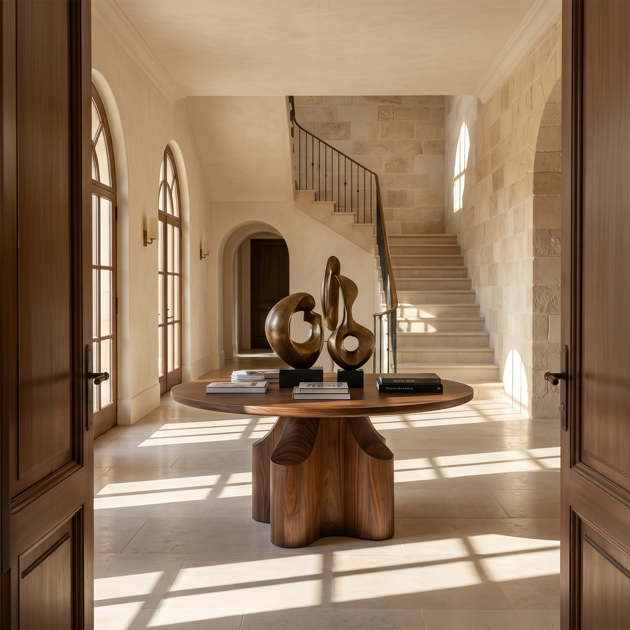 Contemporary Foyer Table With Sculptural Solid Wood Pedestal Base For Entryway And Hallway