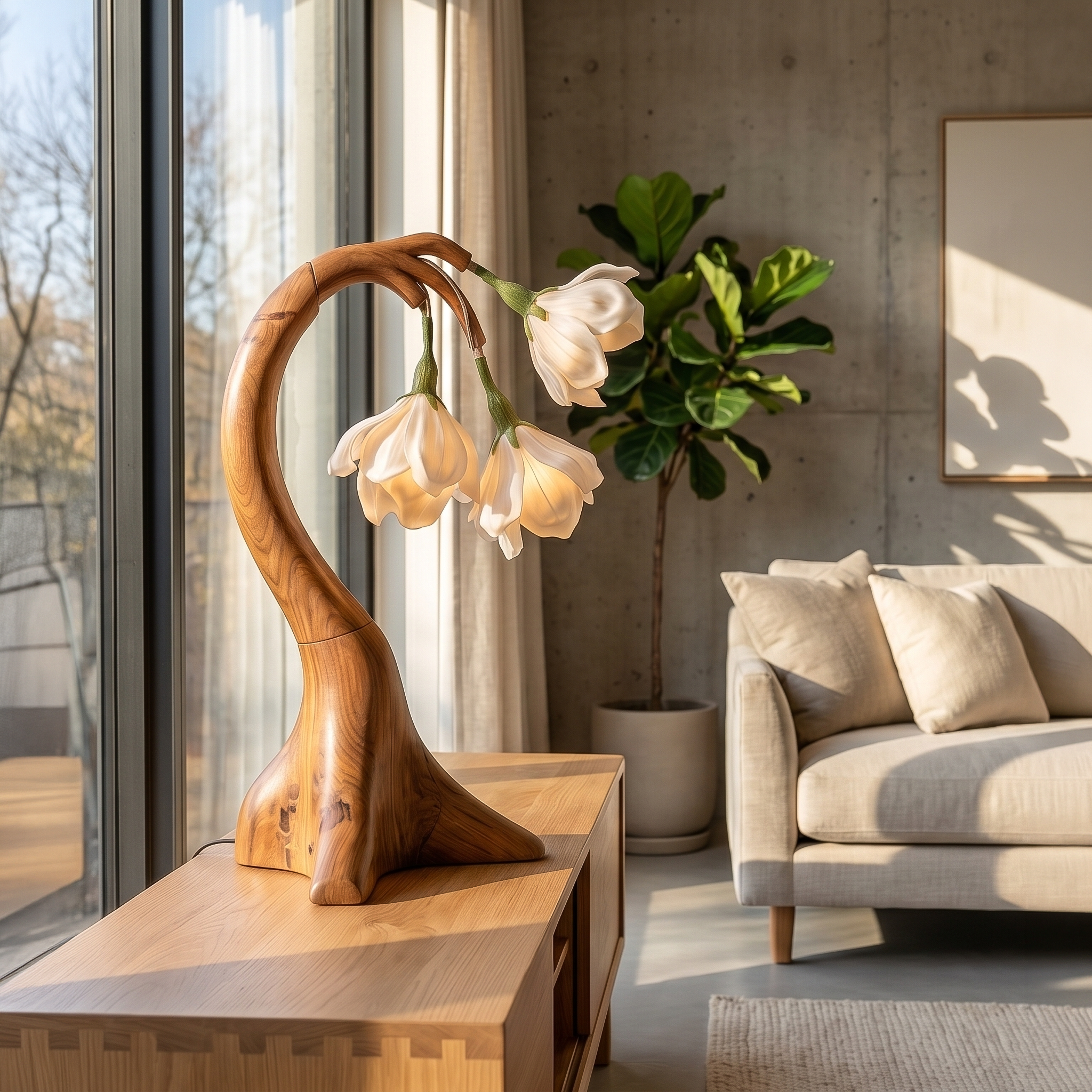 Modern Floral Table Lamp With Sculptural Curved Wood Base For Bedroom And Living Room