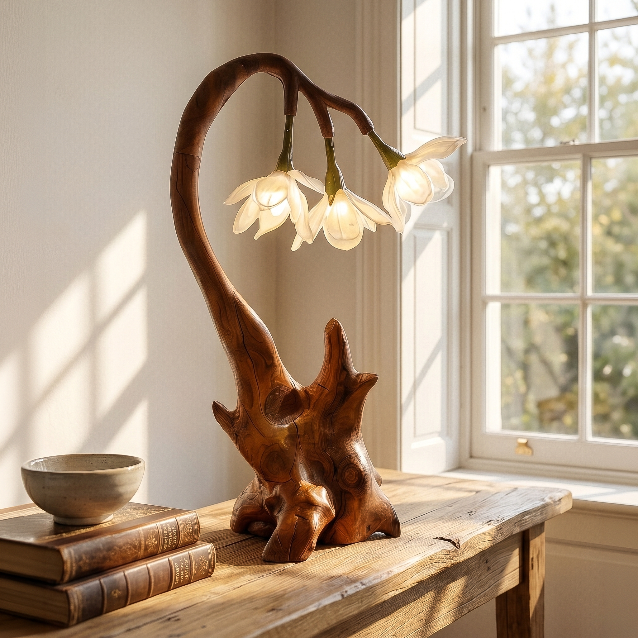 Contemporary Floral Table Lamp With Sculptural Wood Base For Bedroom And Living Room