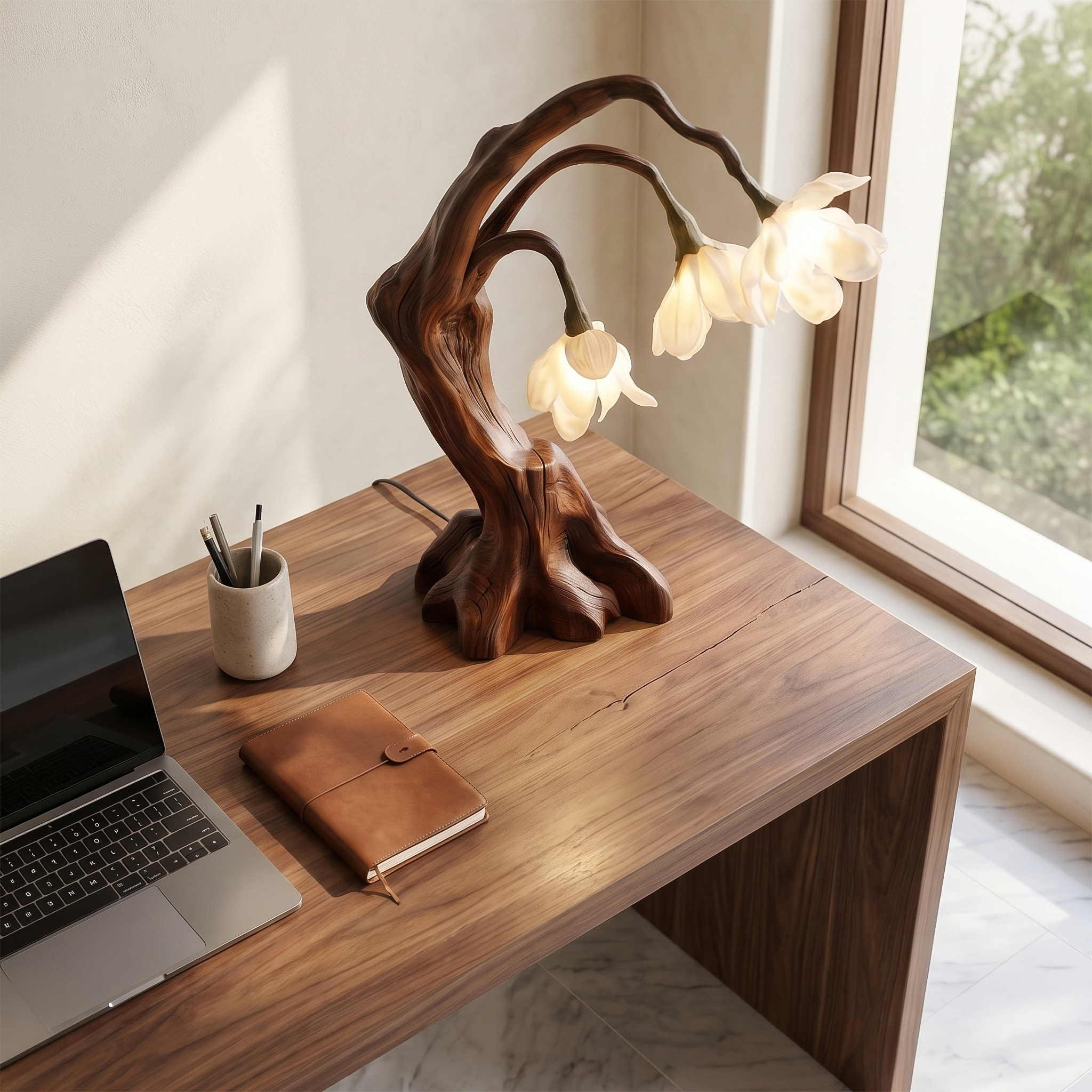 Modern Floral Table Lamp With Sculptural Driftwood Base For Bedroom And Living Room