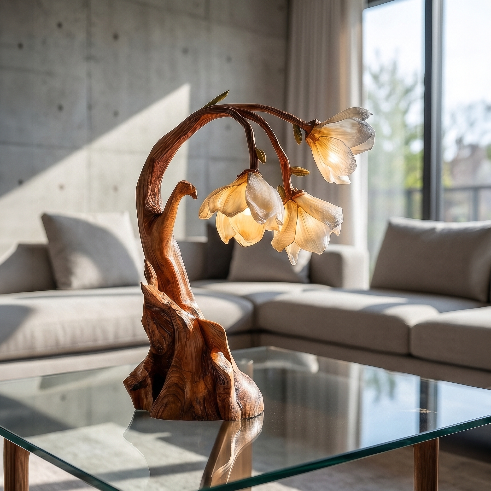 Contemporary Floral Table Lamp With Sculptural Solid Wood Base For Bedroom And Living Room