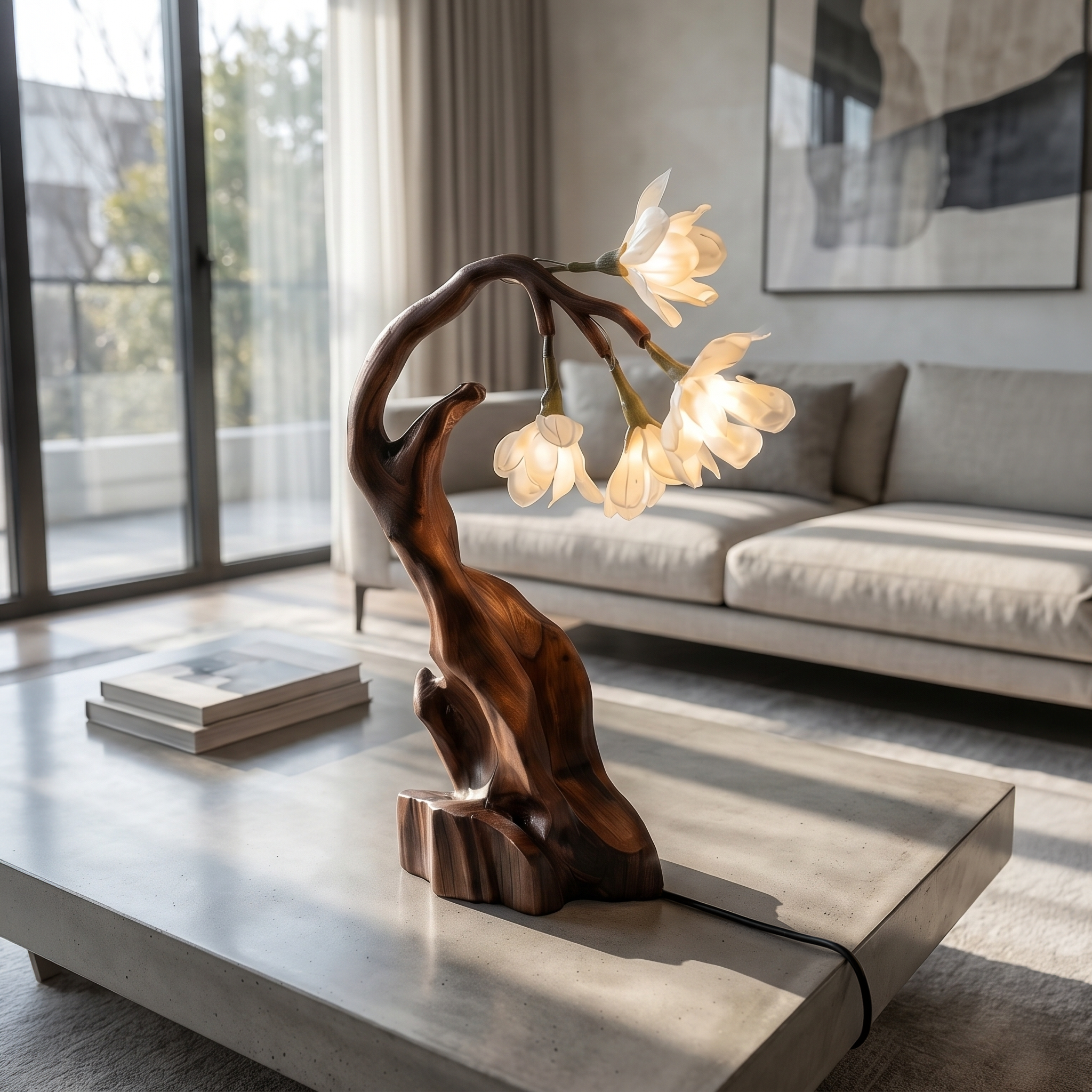 Contemporary Floral Table Lamp With Twisted Solid Wood Base For Bedroom And Living Room