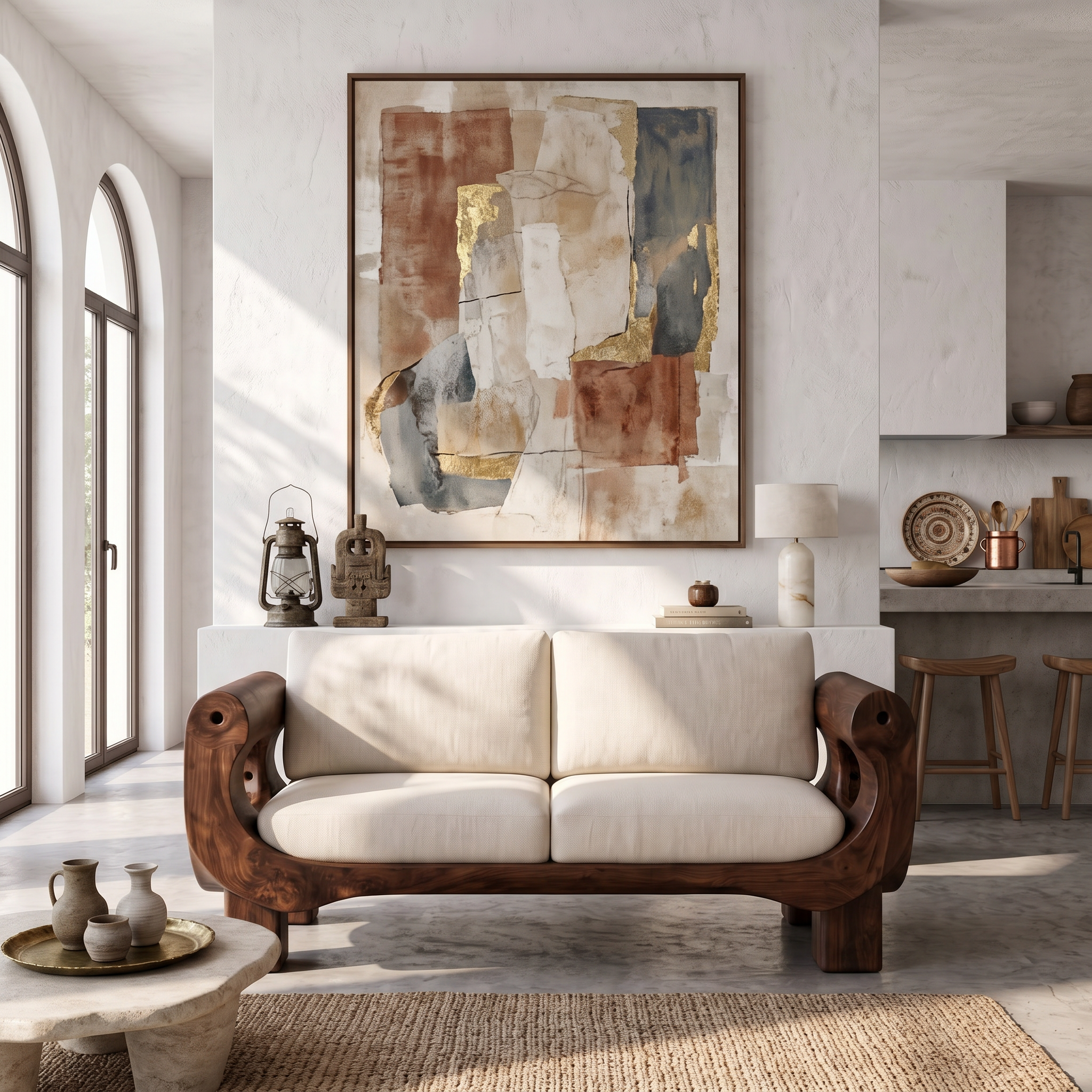 Rustic Sofa Frame With Handcrafted Sculptural Wood Design For Living Room