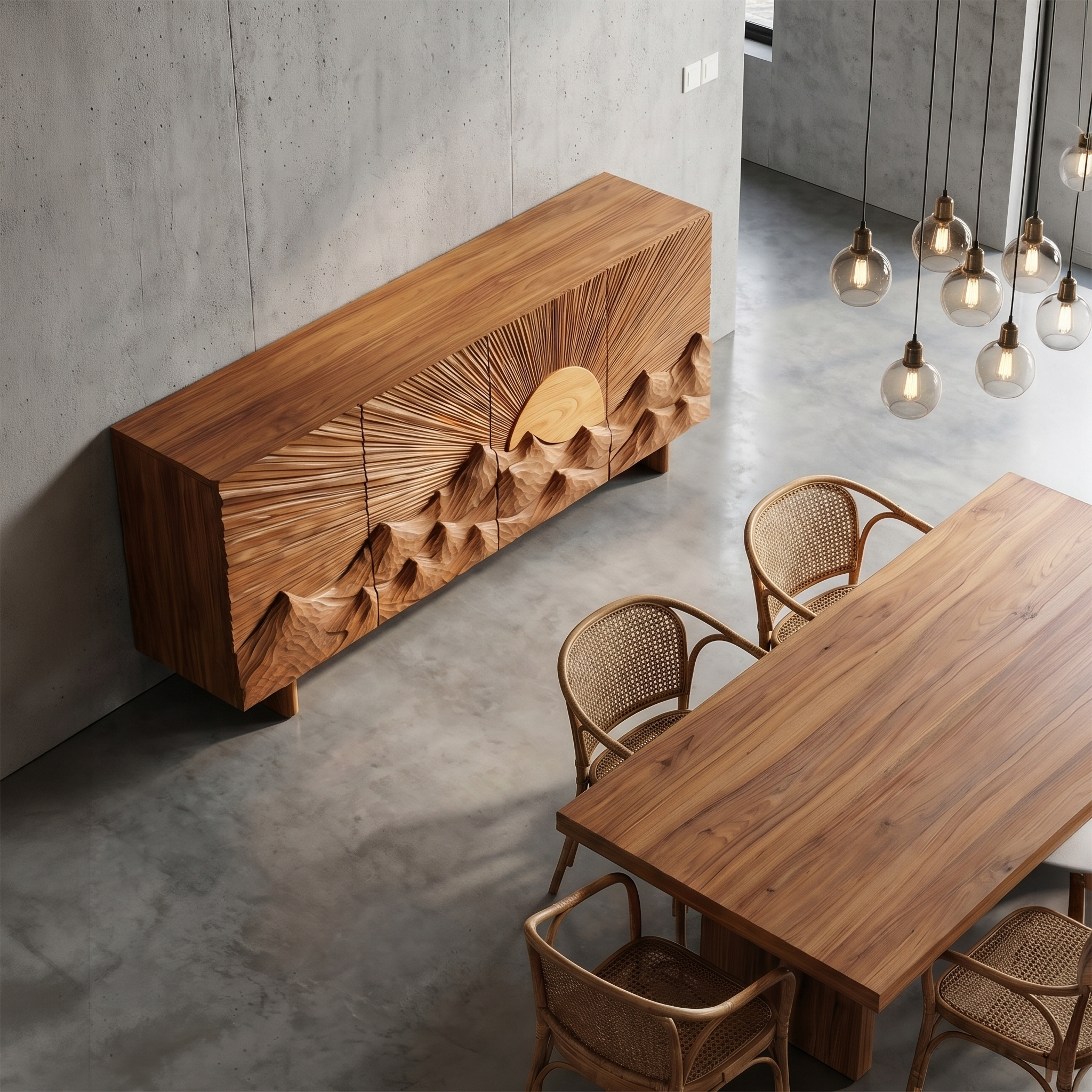 Contemporary Landscape Sideboard With Sculptural Carved Wood Doors For Living Room