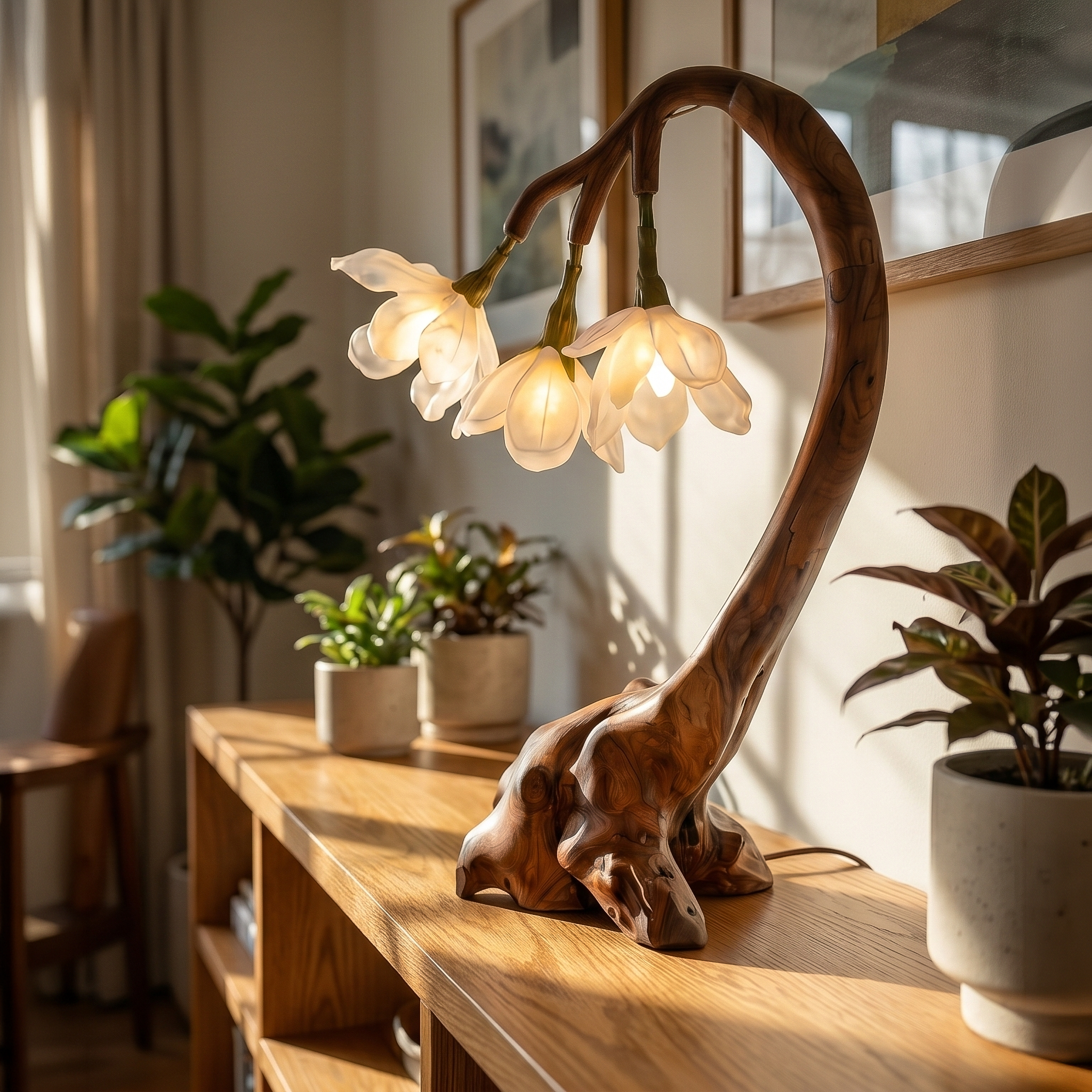 Organic Flower Table Lamp With Sculptural Wood Base For Bedroom And Living Room