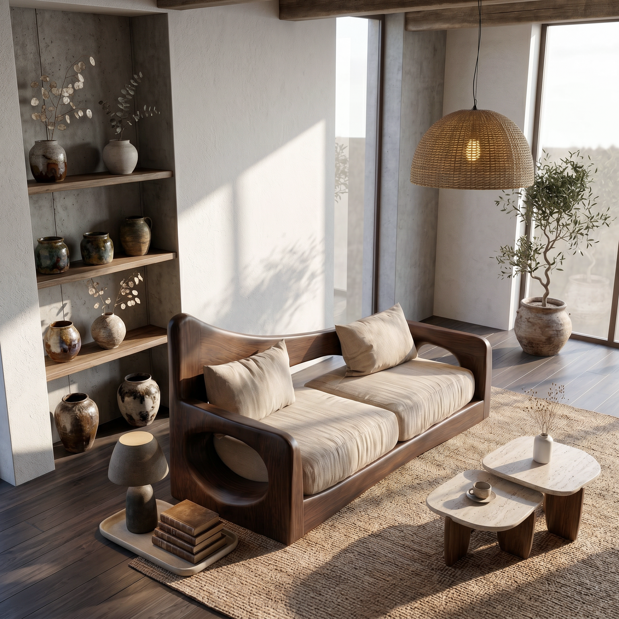 Modern Organic Sofa With Sculptural Perforated Wood Frame