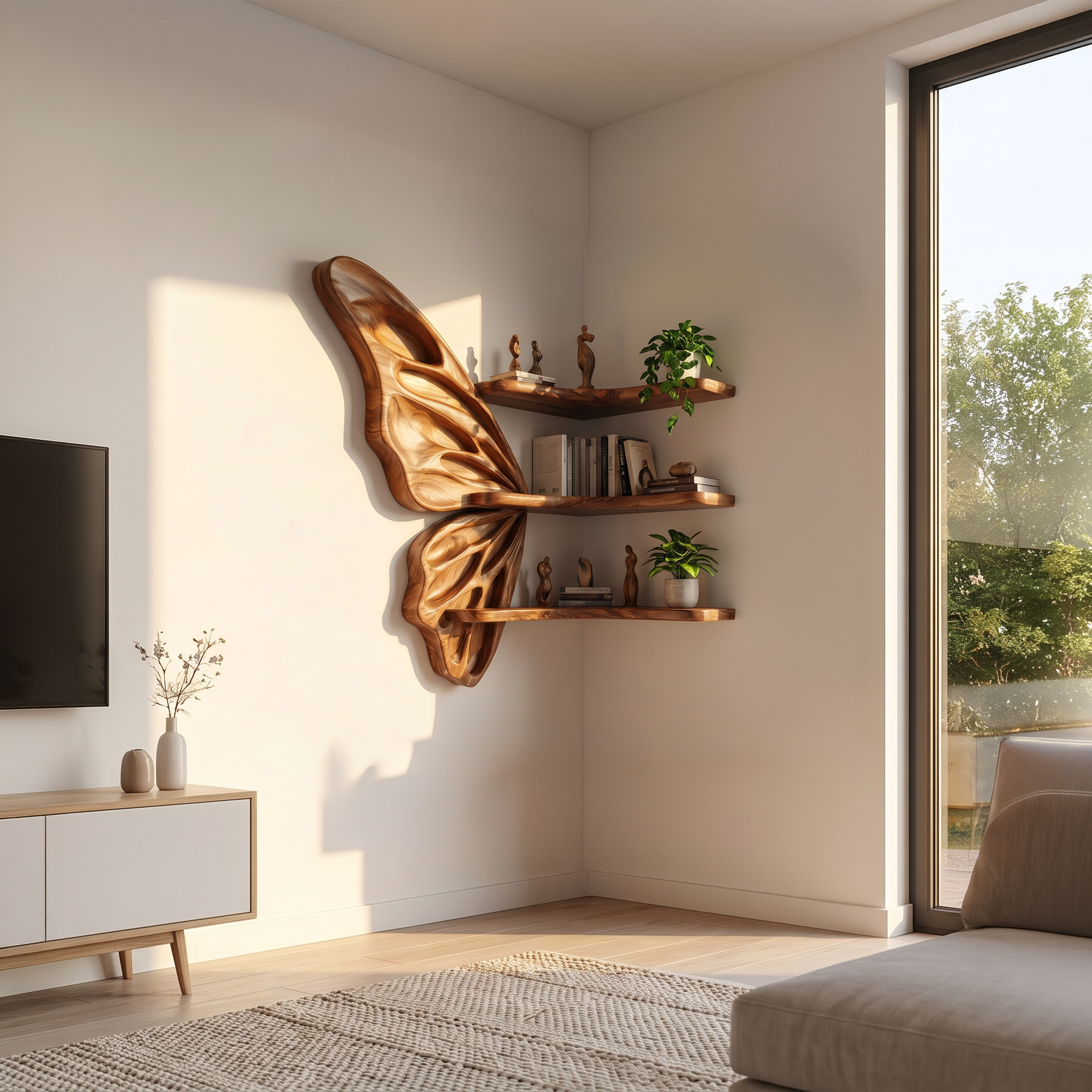 Organic Butterfly Wall Shelf With Floating Display Shelves For Living Room