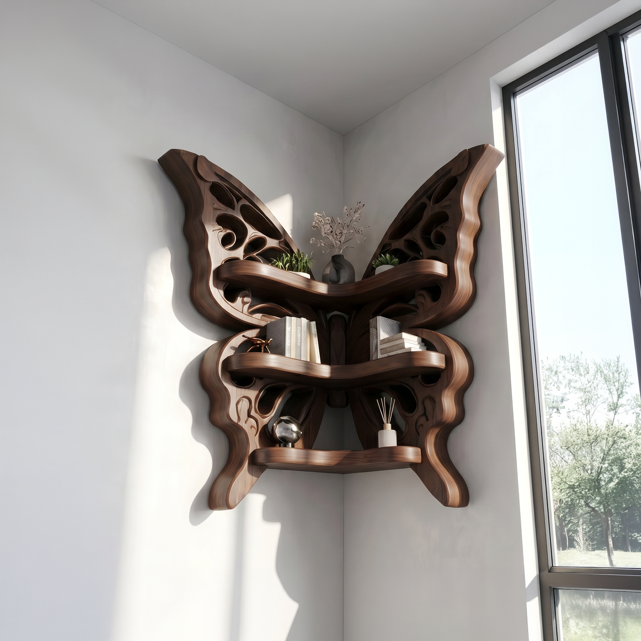 Sculptural Butterfly Floating Shelf With Handcrafted Solid Wood Design For Living Room