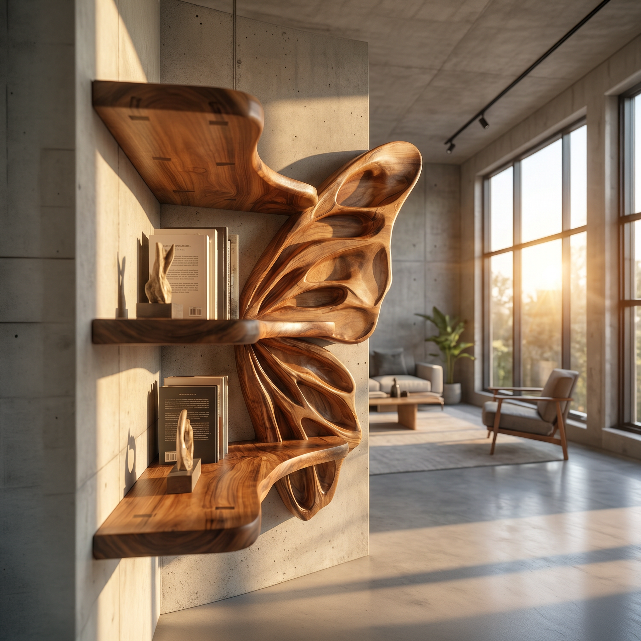 Rustic Butterfly Floating Shelf With Natural Live Edge Wood Design For Living Room
