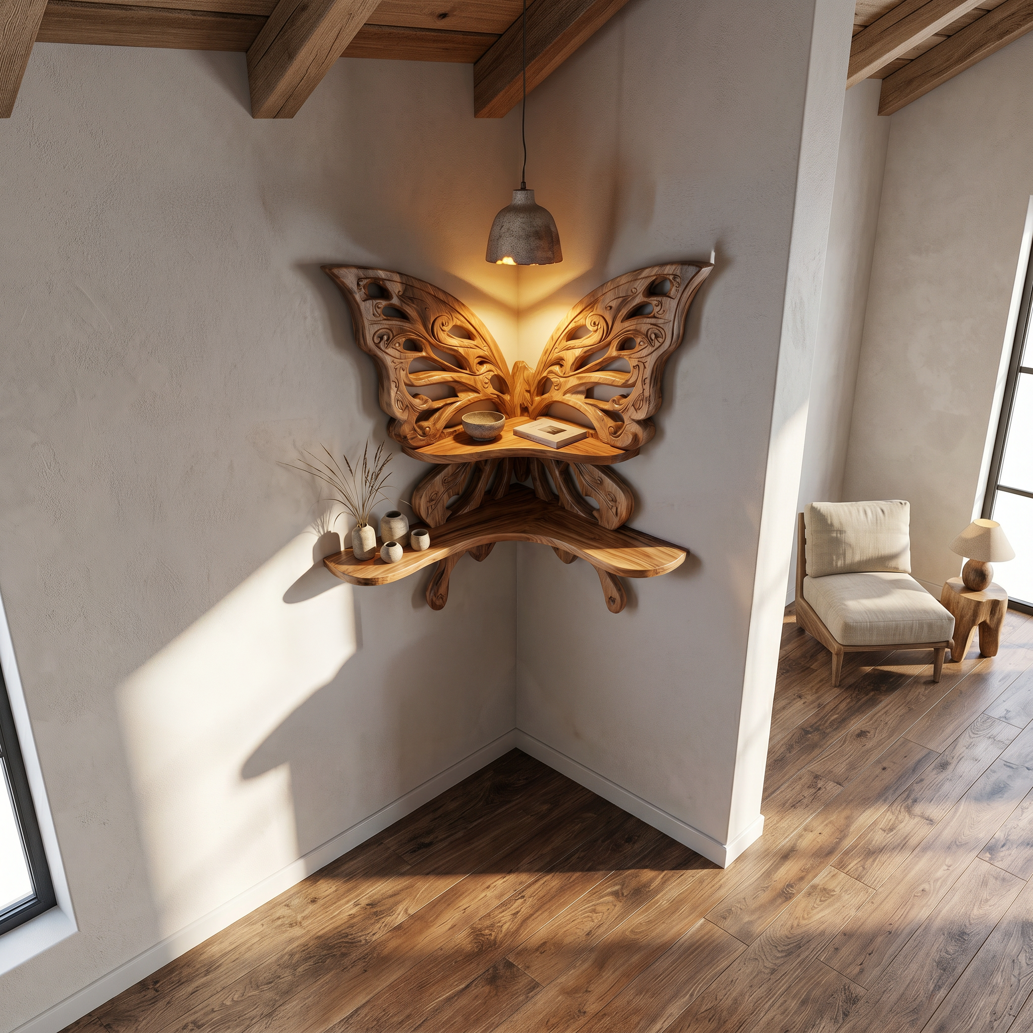 Butterfly Inspired Floating Shelf With Sculptural Live Edge Wood Design For Living Room
