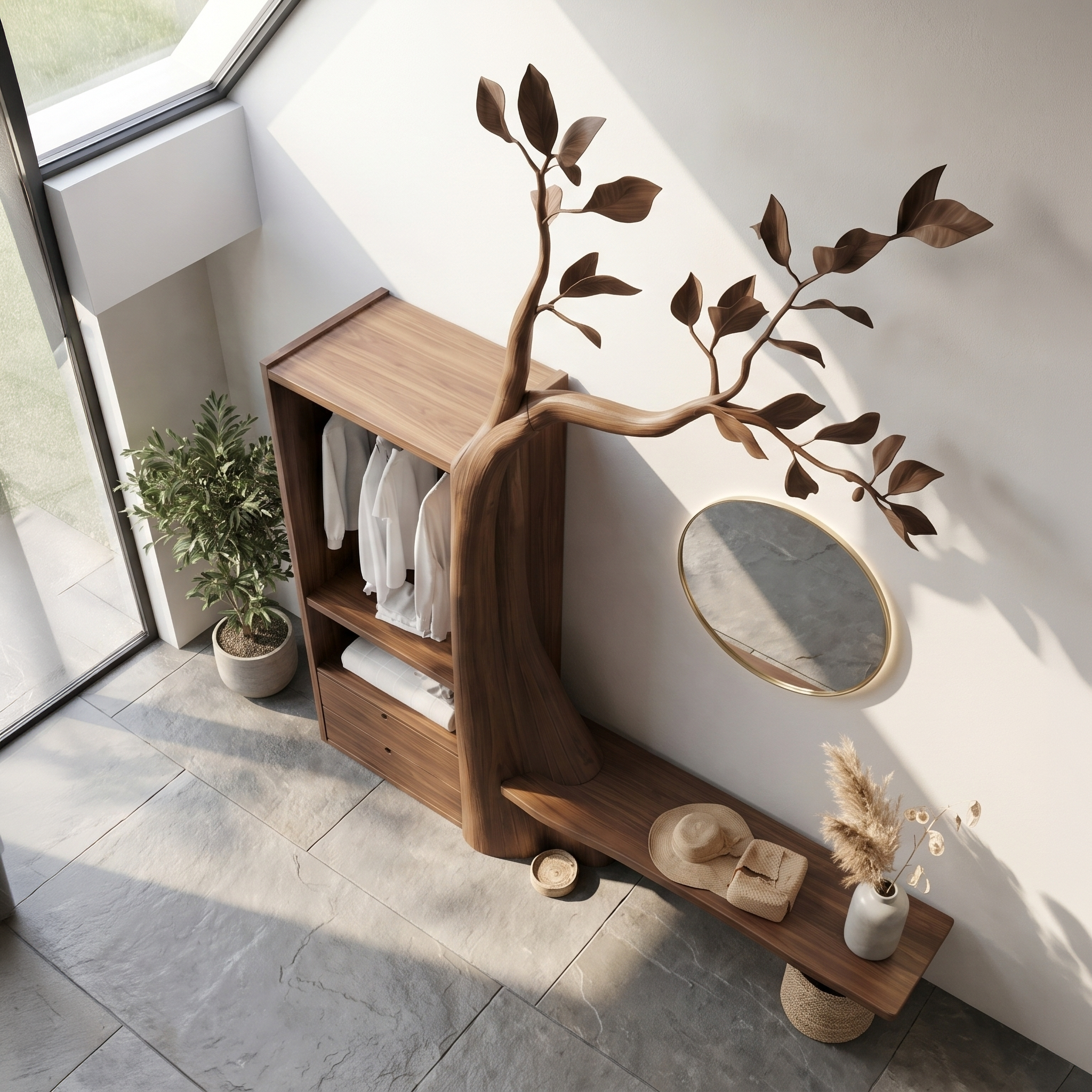 Organic Modern Tree Coat Rack Seating Bench Entryway And Bedroom