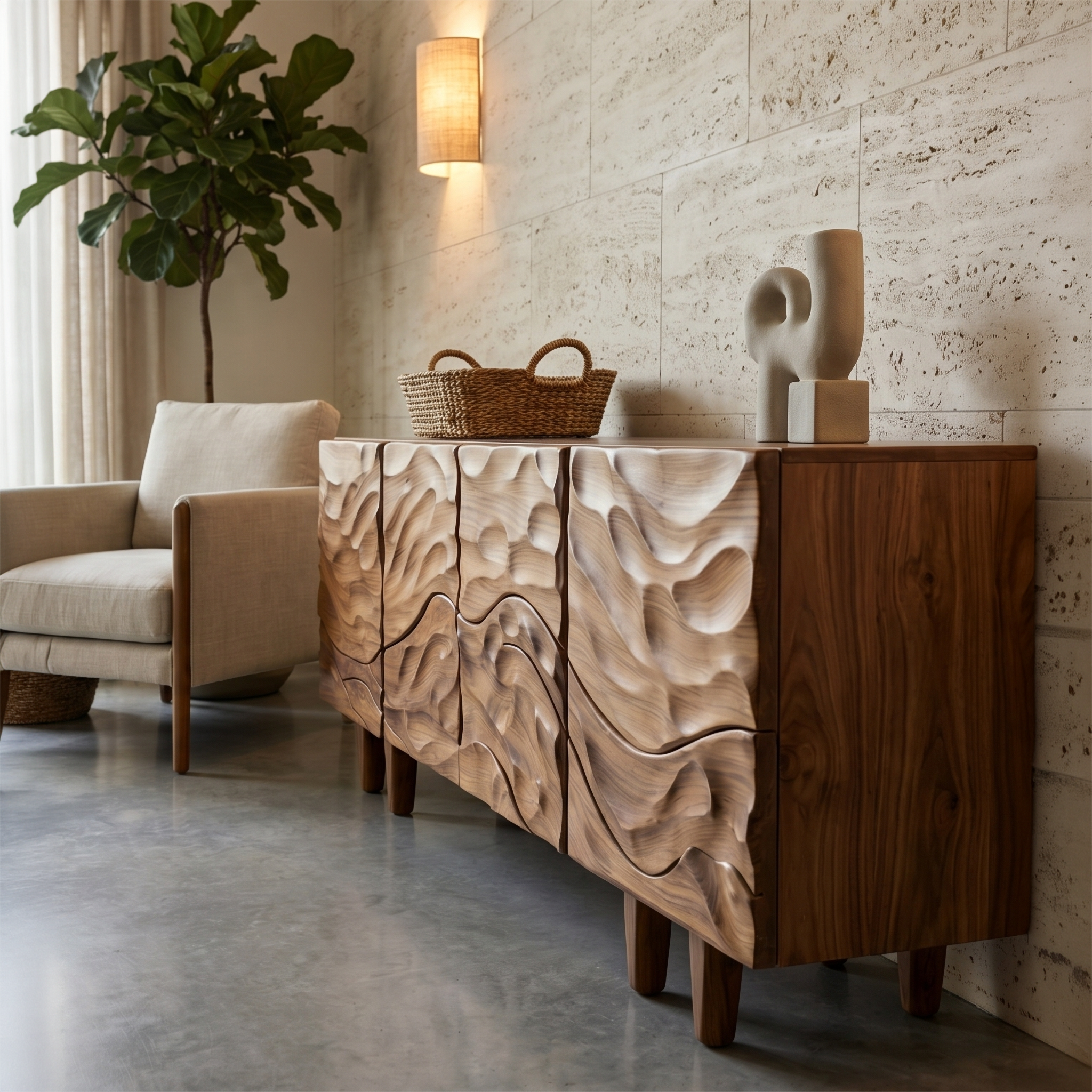 Sculptural Sideboard With Flowing Wood Grain Doors For Living Room