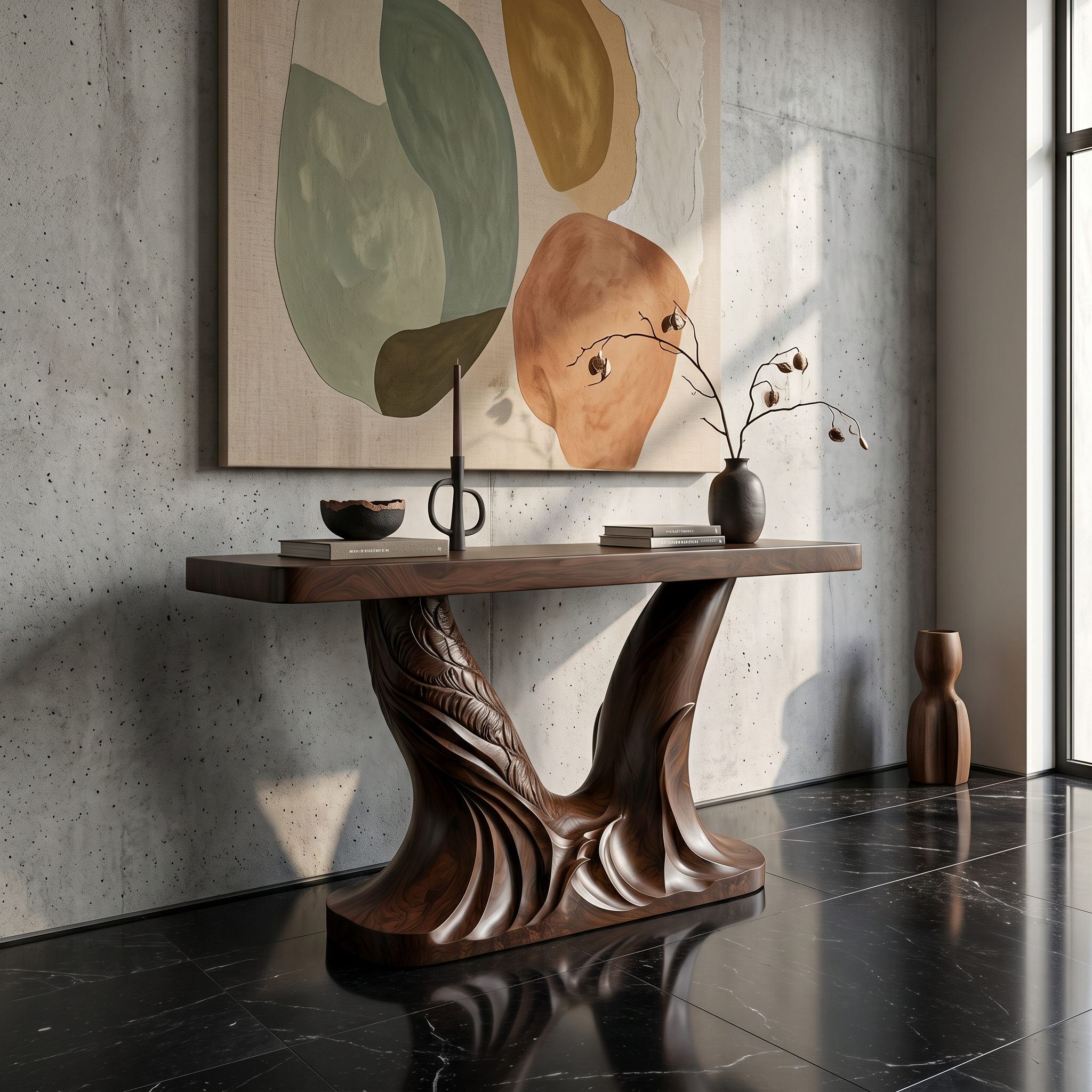 Organic Console Table With Sculptural Double Pedestal Base For Entryway