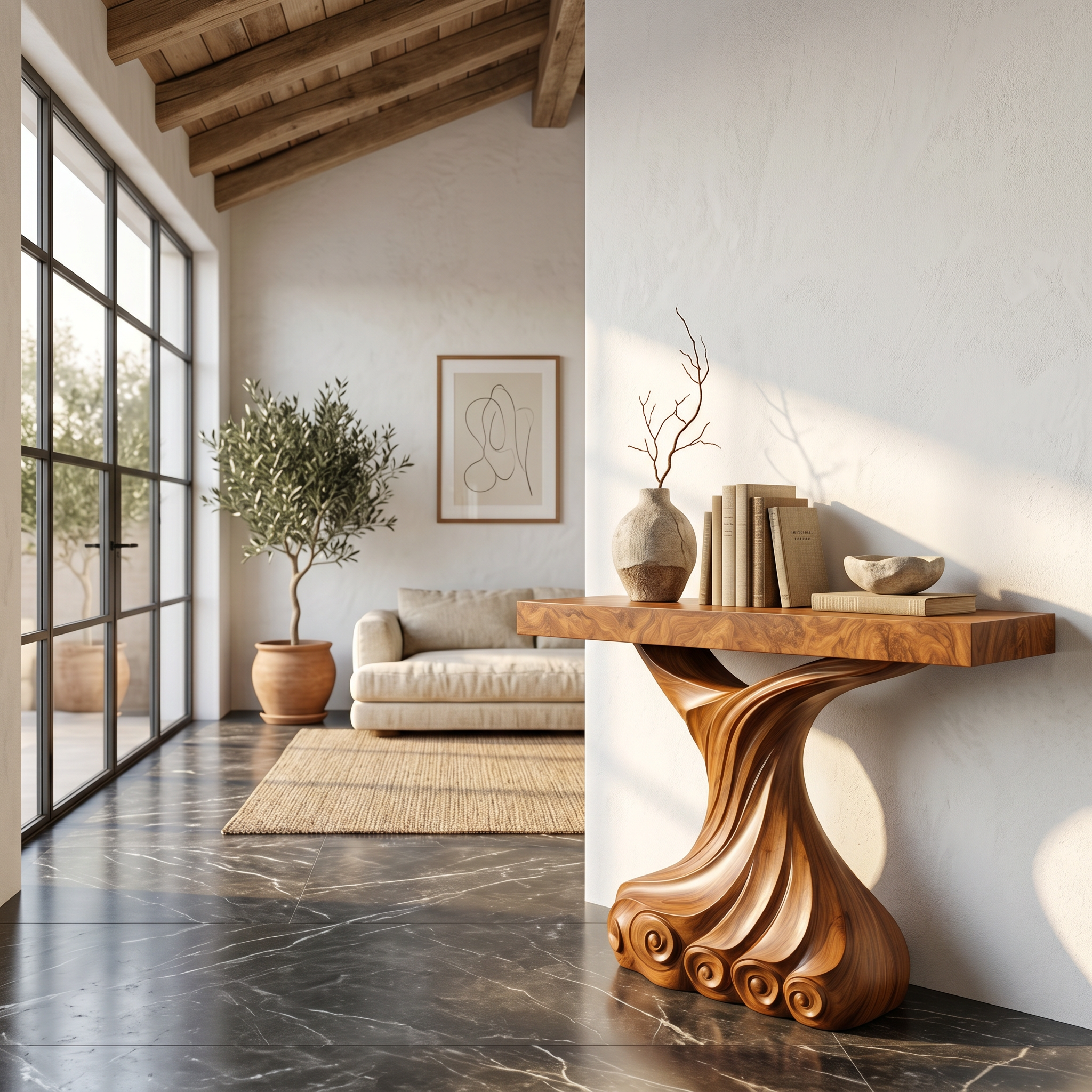 Contemporary Console Table With Carved Twist Form For Hallway