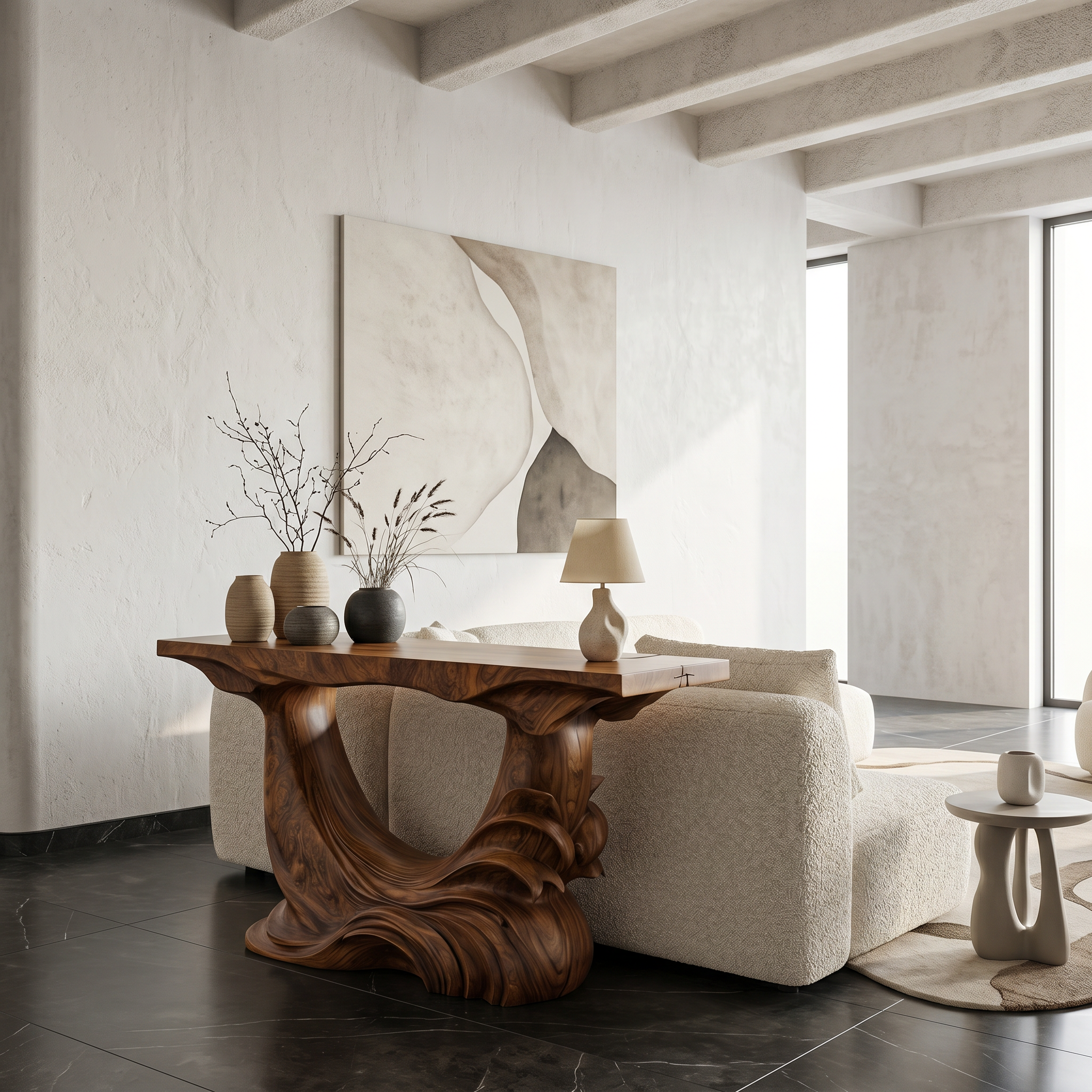 Natural Console Table With Flowing Wood Sculpture For Hallway