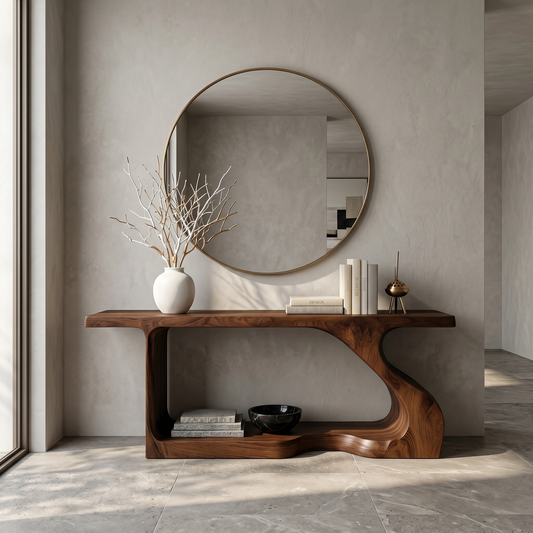 Modern Console Table With Sculptural Curved Form For Entryway