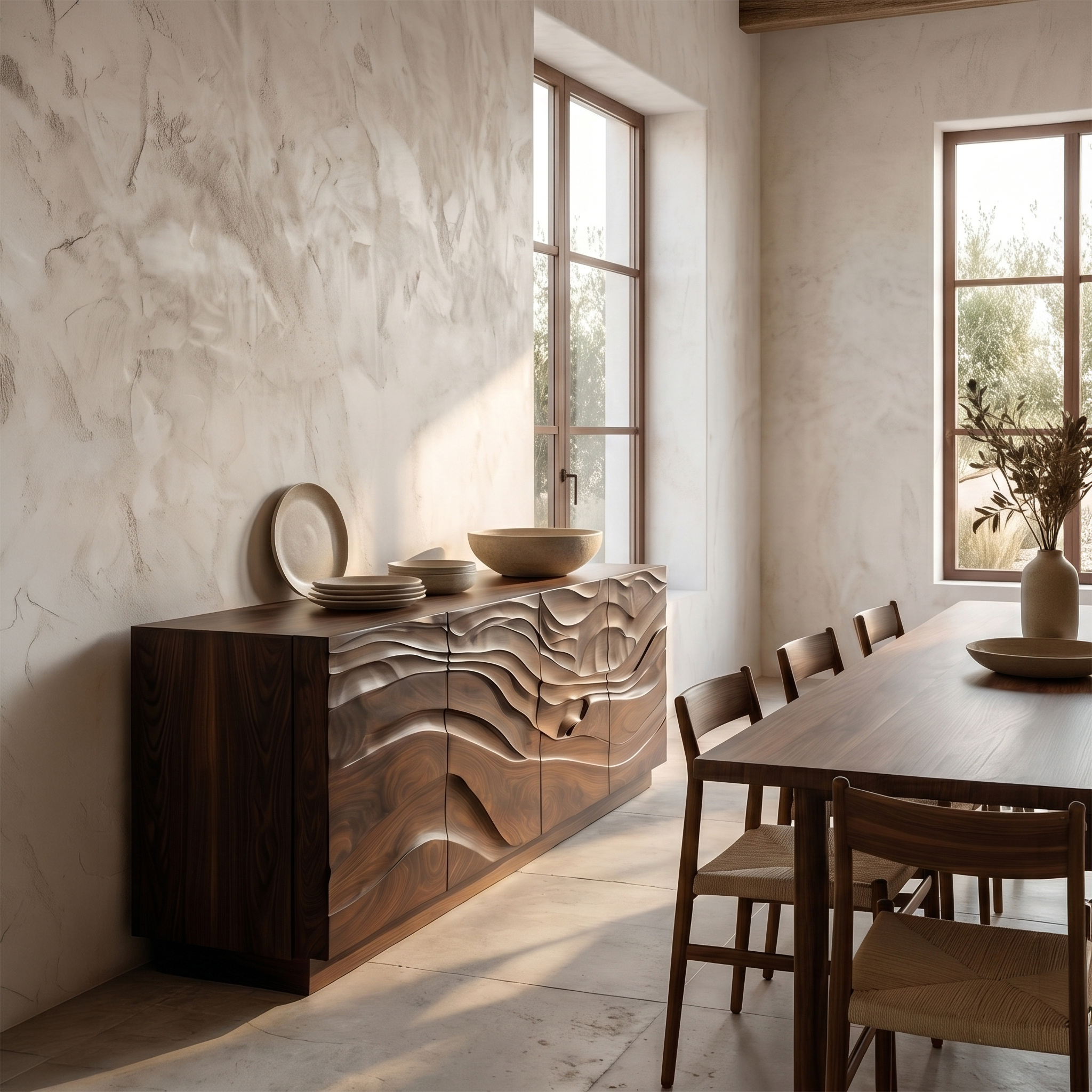 Organic Sideboard With Sculptural Wave Carved Wood Front For Living Room