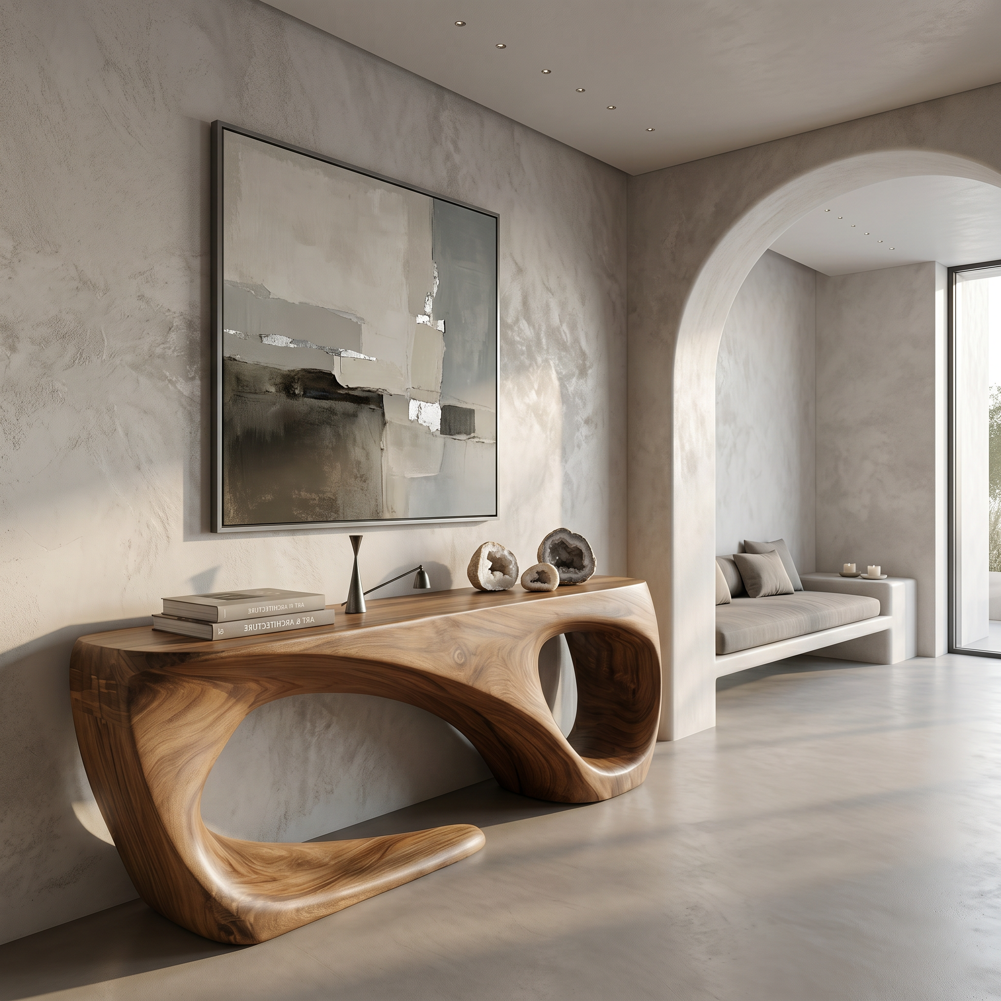 Rustic Console Table With Handcrafted Flowing Design For Living Room