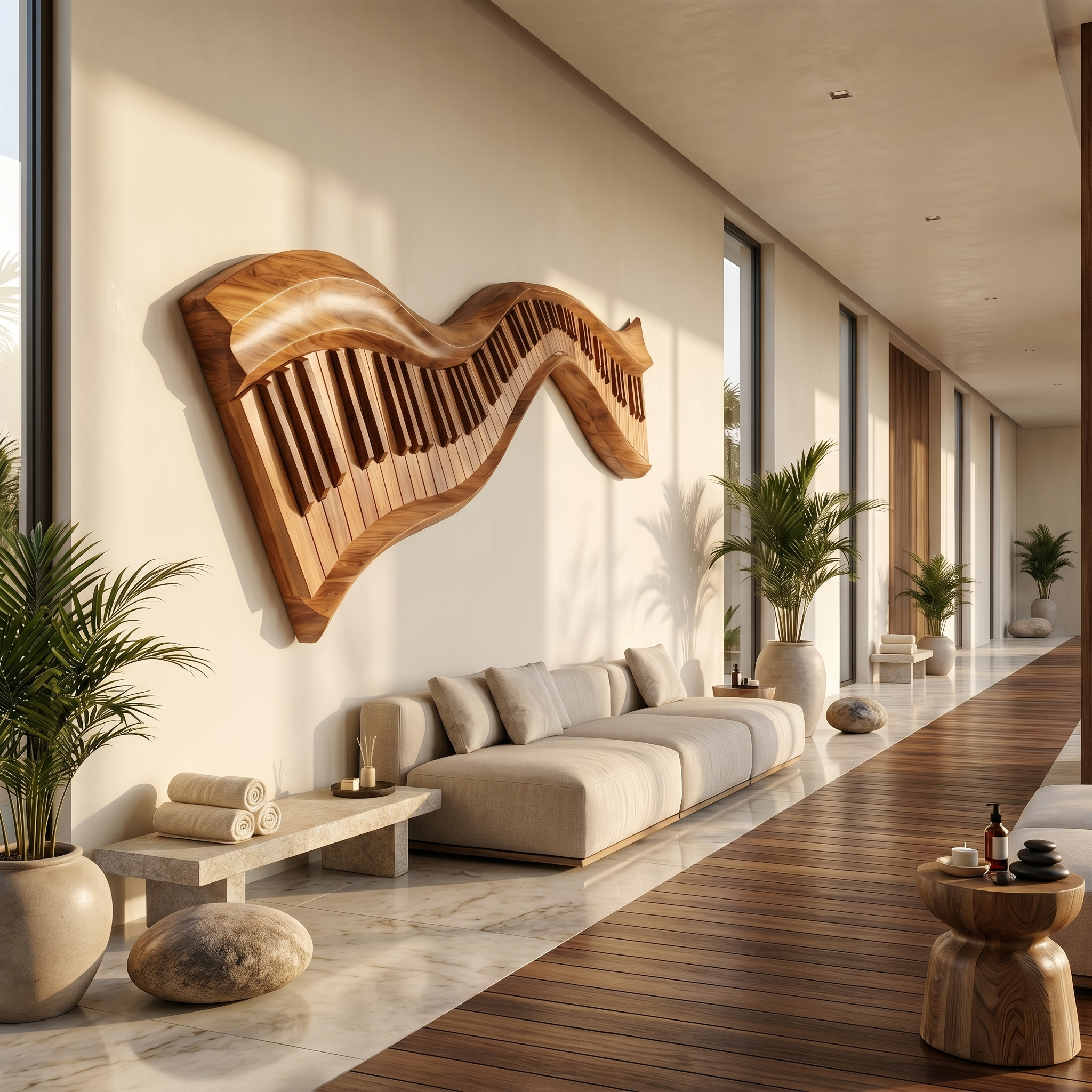 Organic Abstract Keyboard Wave Wooden Wall Sculpture For Living Room