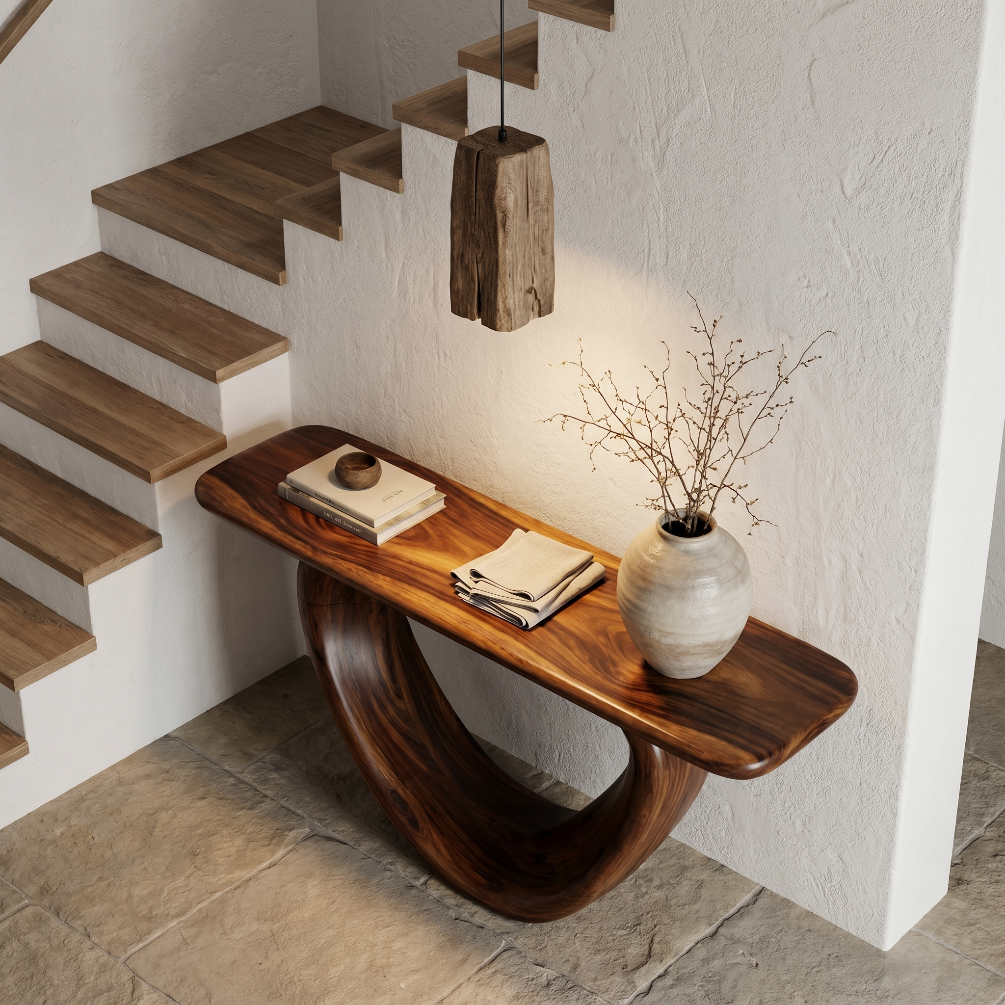 Sculptural Console Table With Loop Shaped Wooden Base Live Edge Console Table With Unique Sculptural Base Design