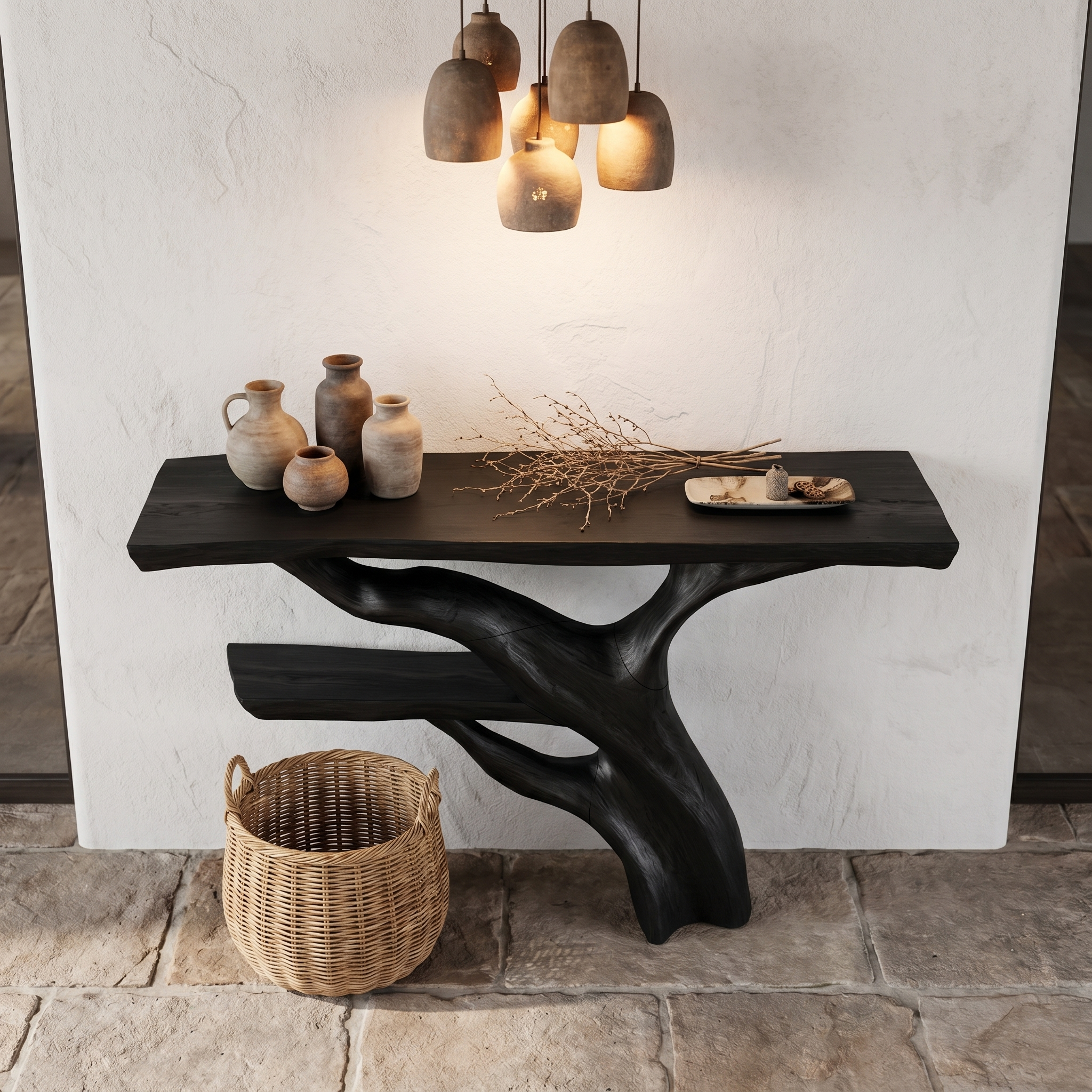 Sculptural Console Table With Abstract Branch Inspired Base And Solid Wood Top For Entryway