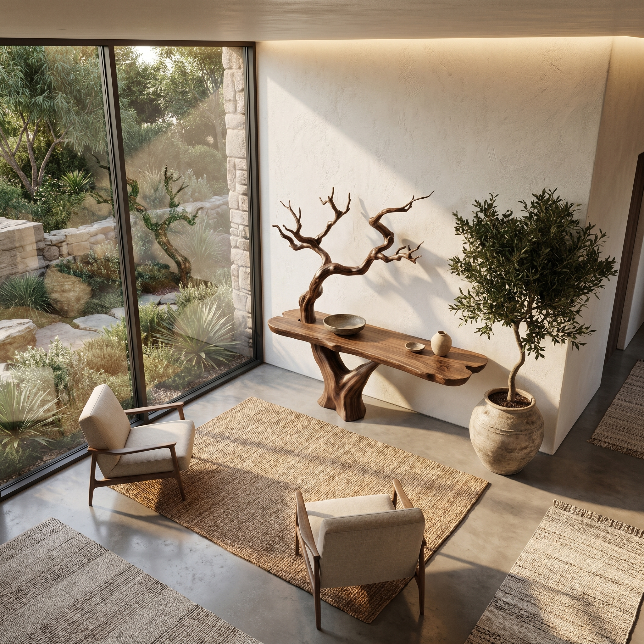Rustic Console Table With Sculptural Tree Branch Base And Live Edge Wood Top For Entryway And Living Room