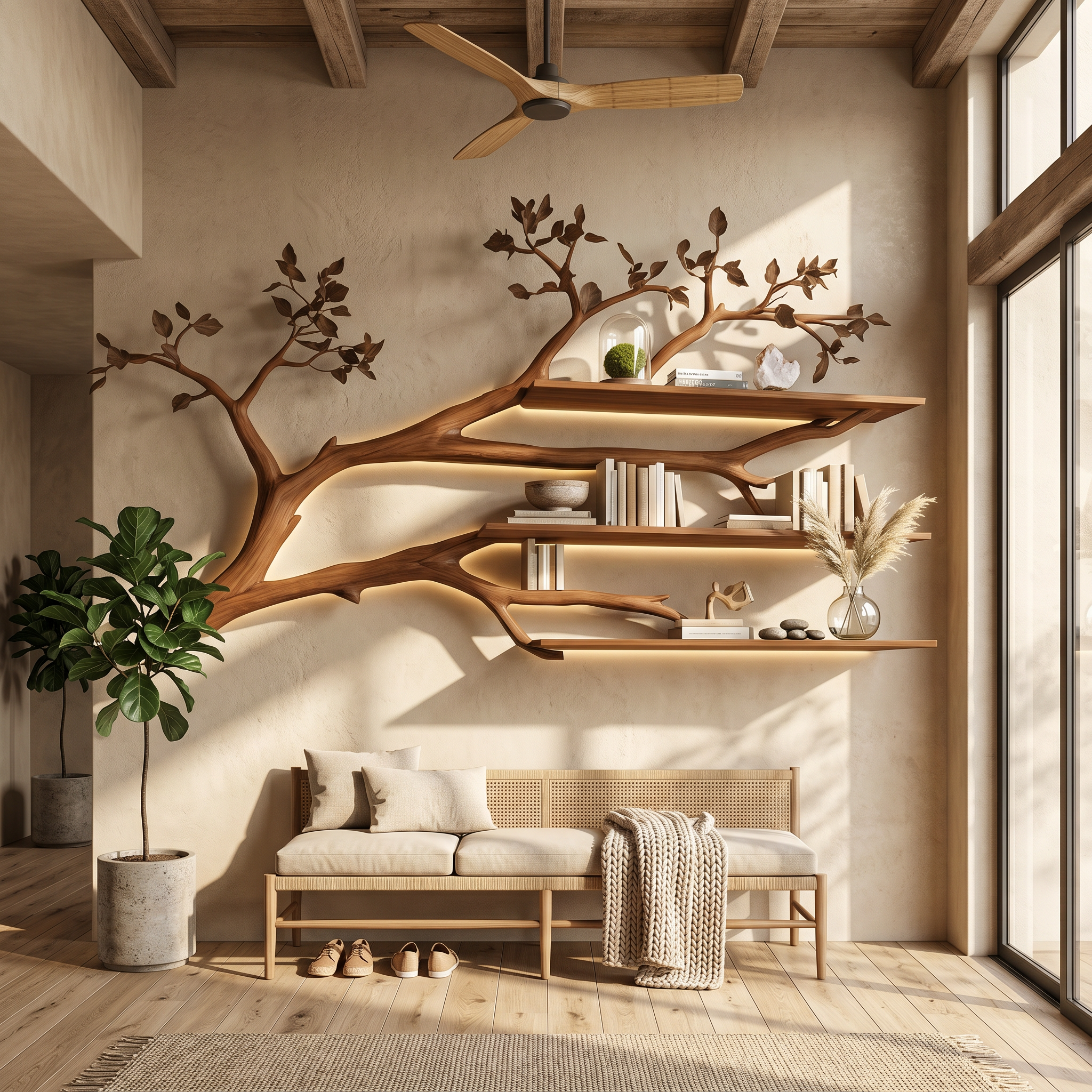 Rustic Tree Branch Floating Shelf Living Room