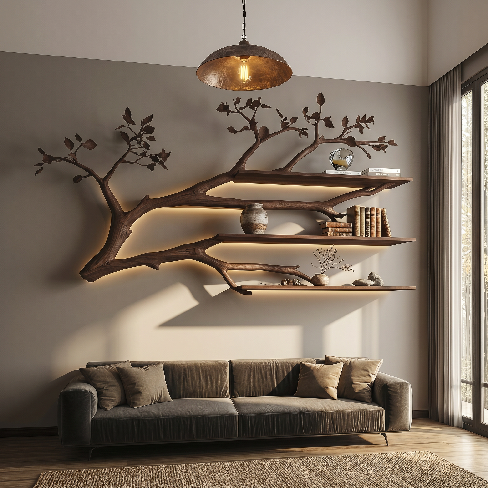 Rustic Tree Branch Floating Shelf Living Room