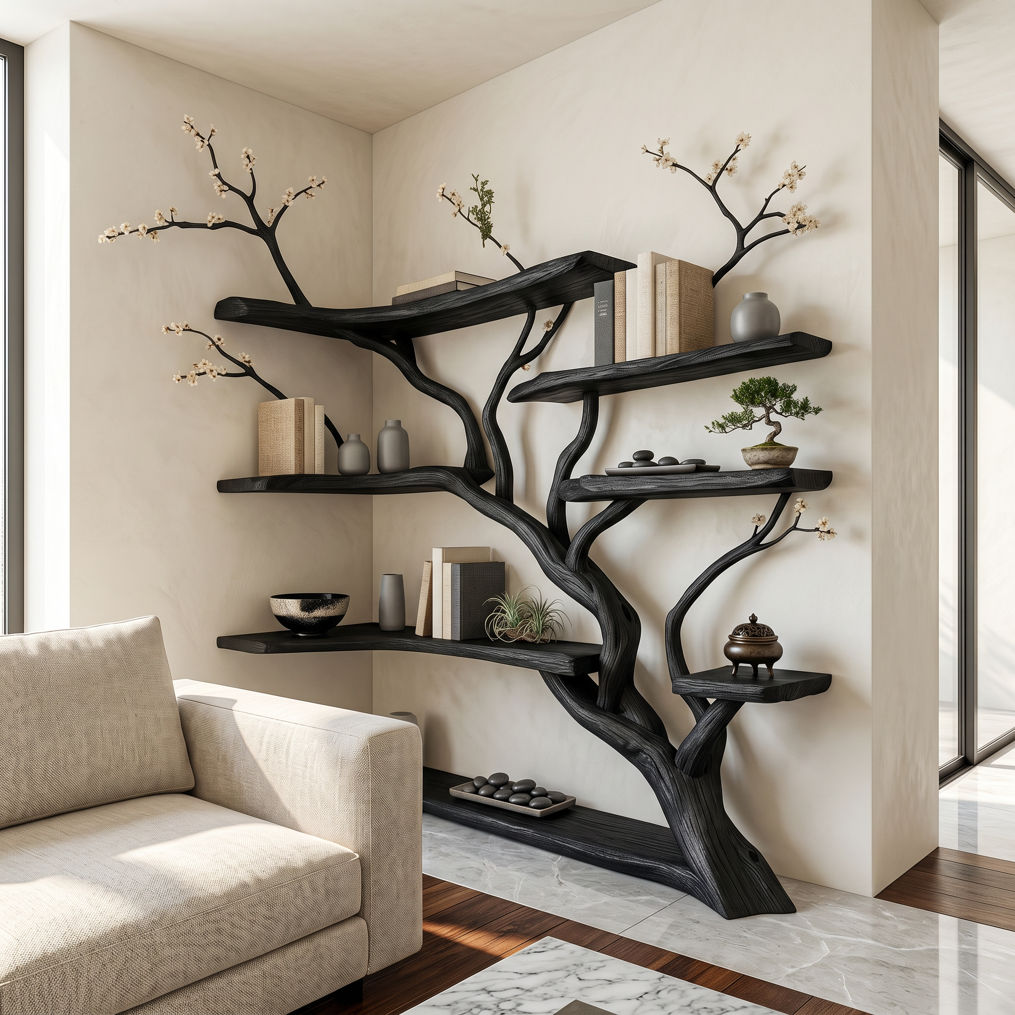 Handcrafted Tree Corner Storage Shelf Living Room Interior Feature Decor