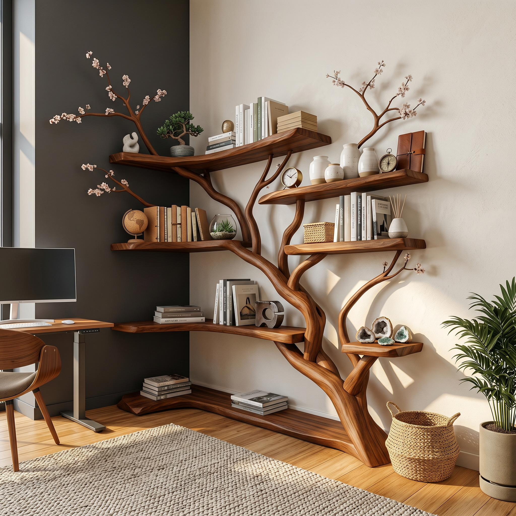 Handcrafted Tree Corner Storage Shelf Living Room Interior Feature Decor