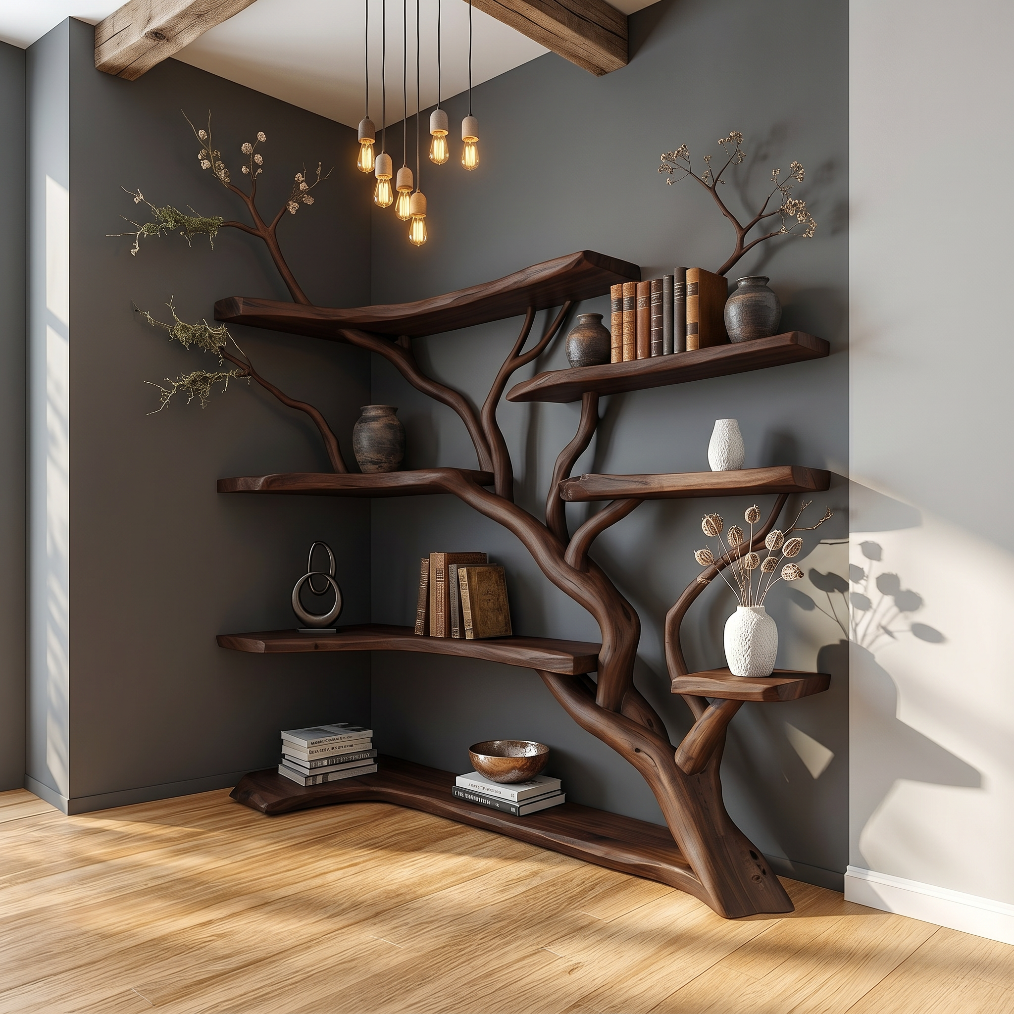 Handcrafted Tree Corner Storage Shelf Living Room Interior Feature Decor