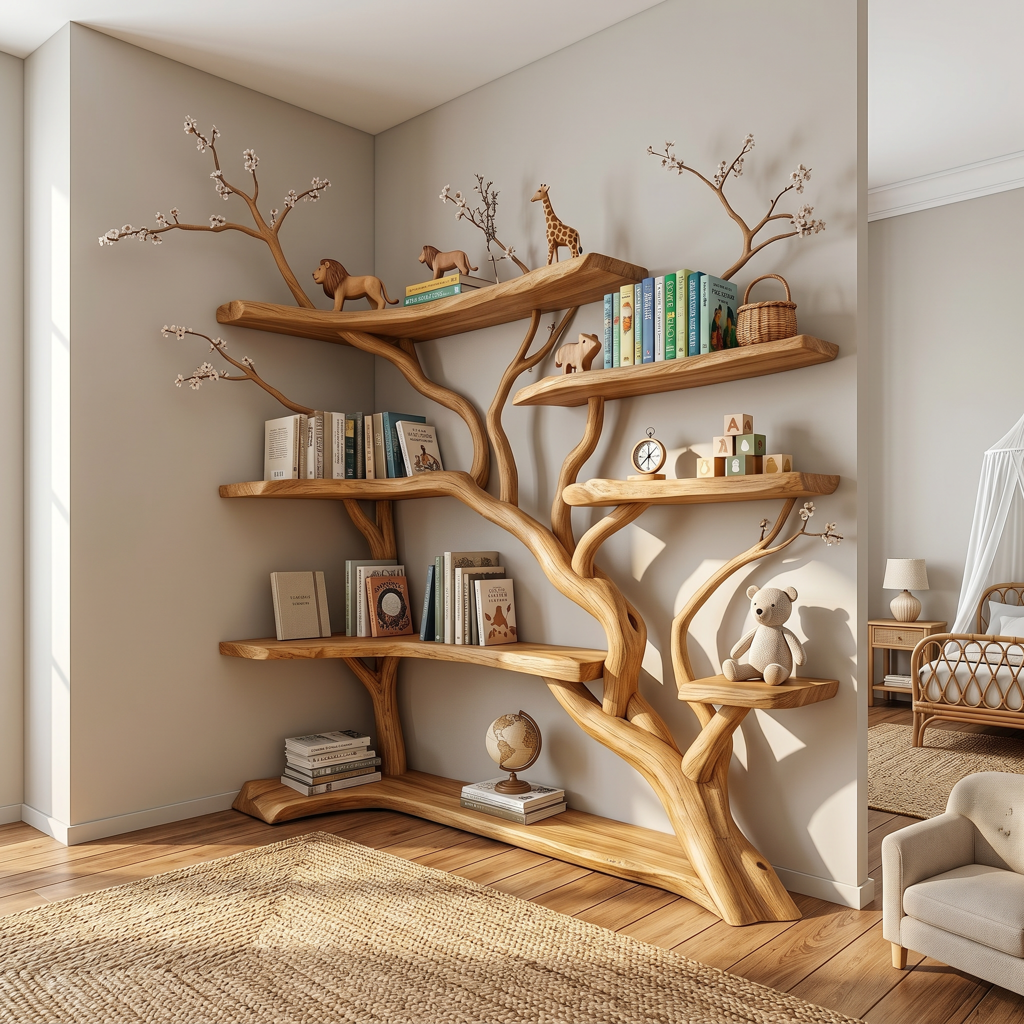 Handcrafted Tree Corner Storage Shelf Living Room Interior Feature Decor