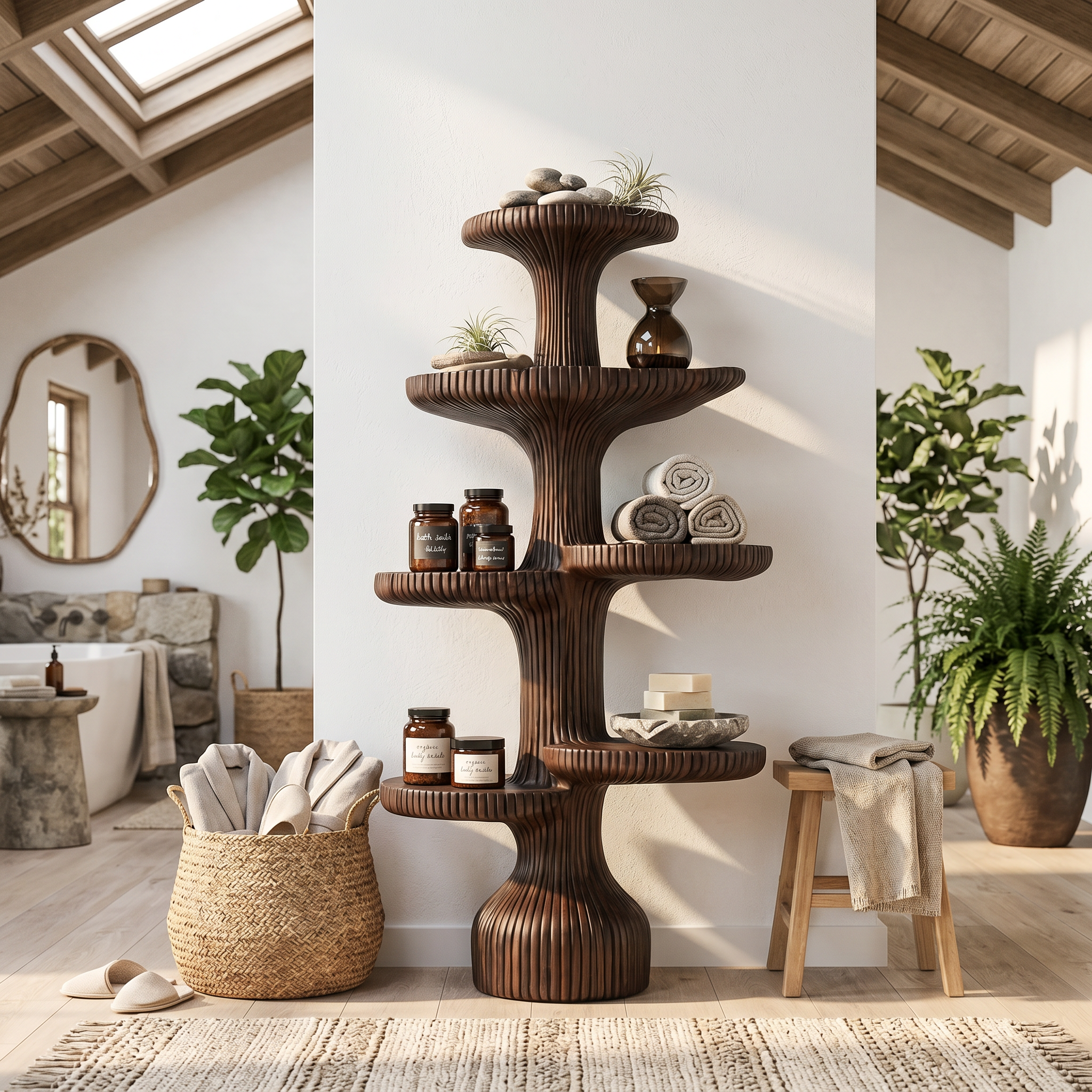 Sculptural Tiered Tree Shelf Living Room Interior Artistic Feature